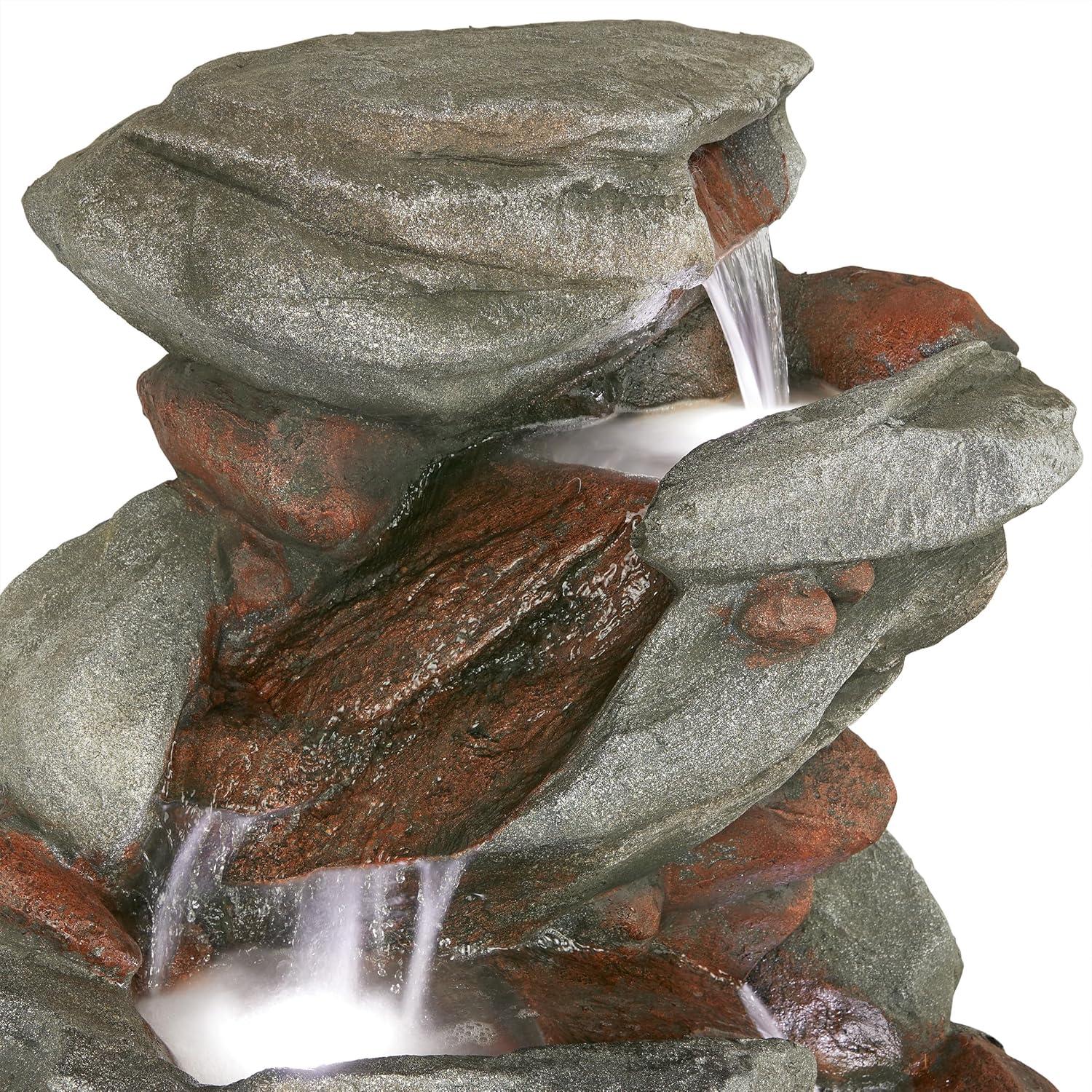 Gray Cascading Stone Outdoor Fountain with LED Lights, 53"