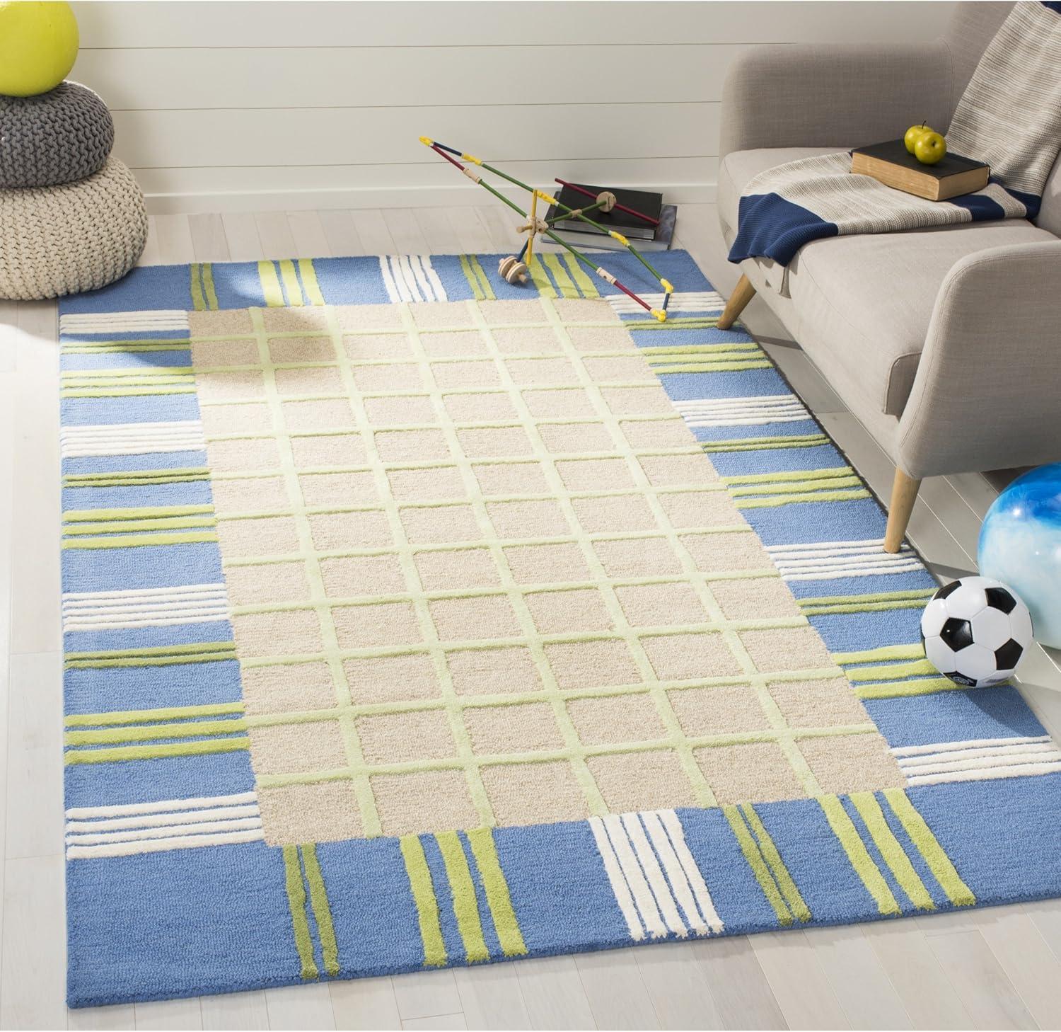 SAFAVIEH Kids Riley Geometric Bordered Cotton Area Rug, Taupe/Blue, 7' x 7' Square