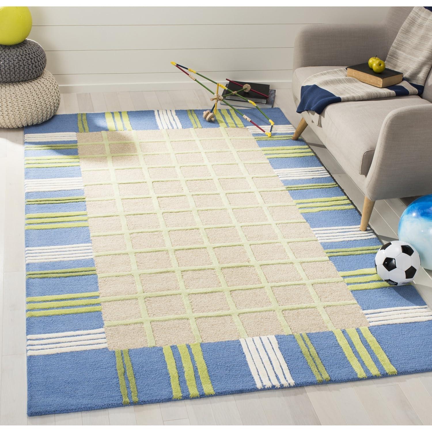 SAFAVIEH Kids Riley Geometric Bordered Cotton Area Rug, Taupe/Blue, 7' x 7' Square