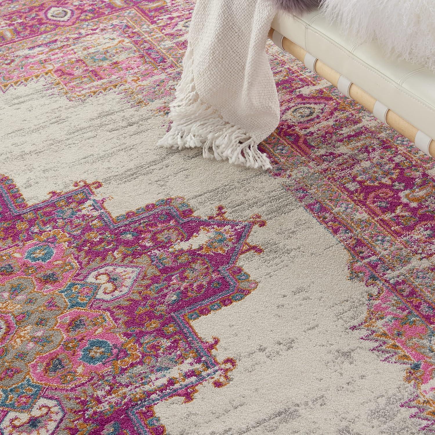 Elegant Extra Large Round Medallion Rug in Ivory and Fuchsia