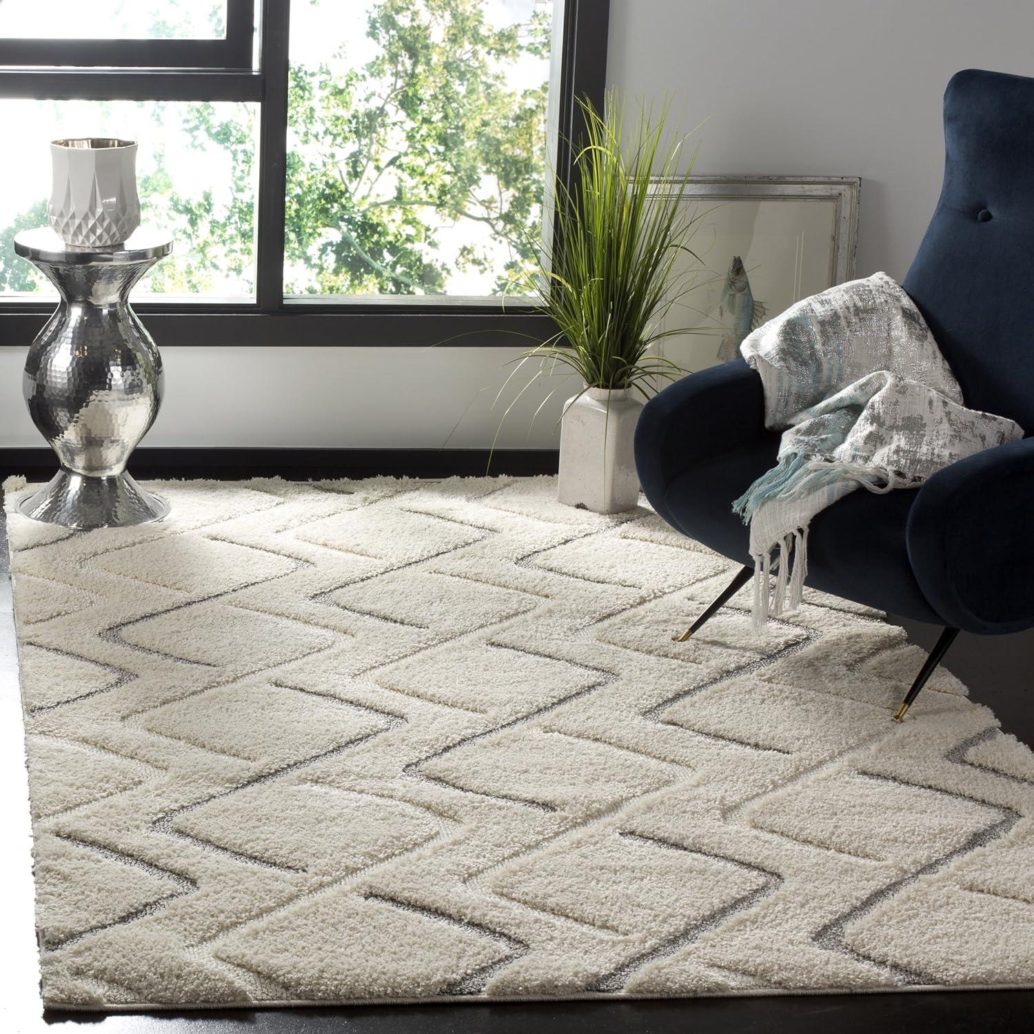 Gray and Cream Geometric Shag Cotton Area Rug, 3' x 5'