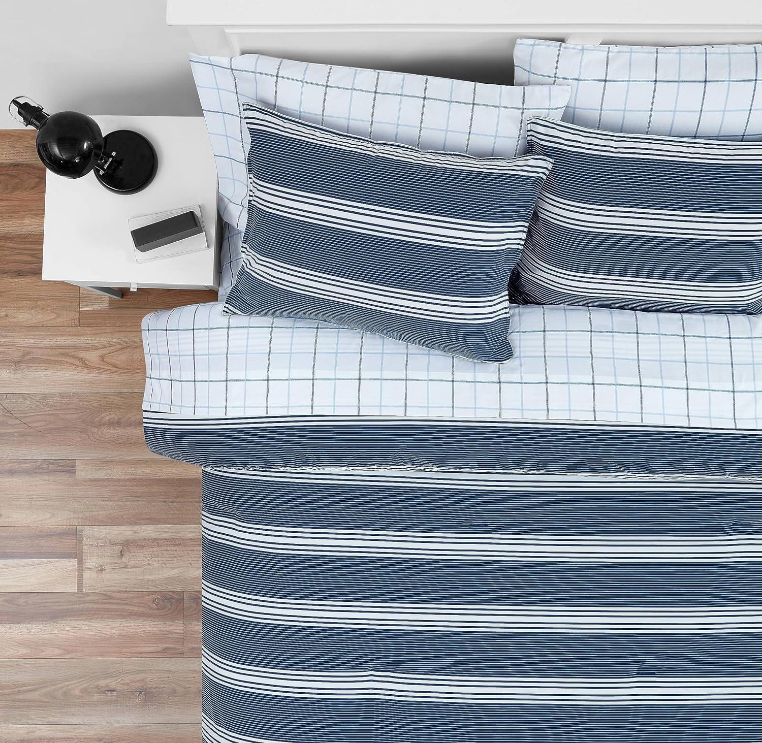 Navy and White Striped Cotton King Duvet Cover Set