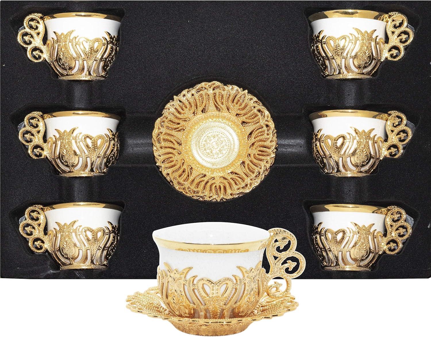 Gold and White Turkish Coffee Cup Set with Saucers