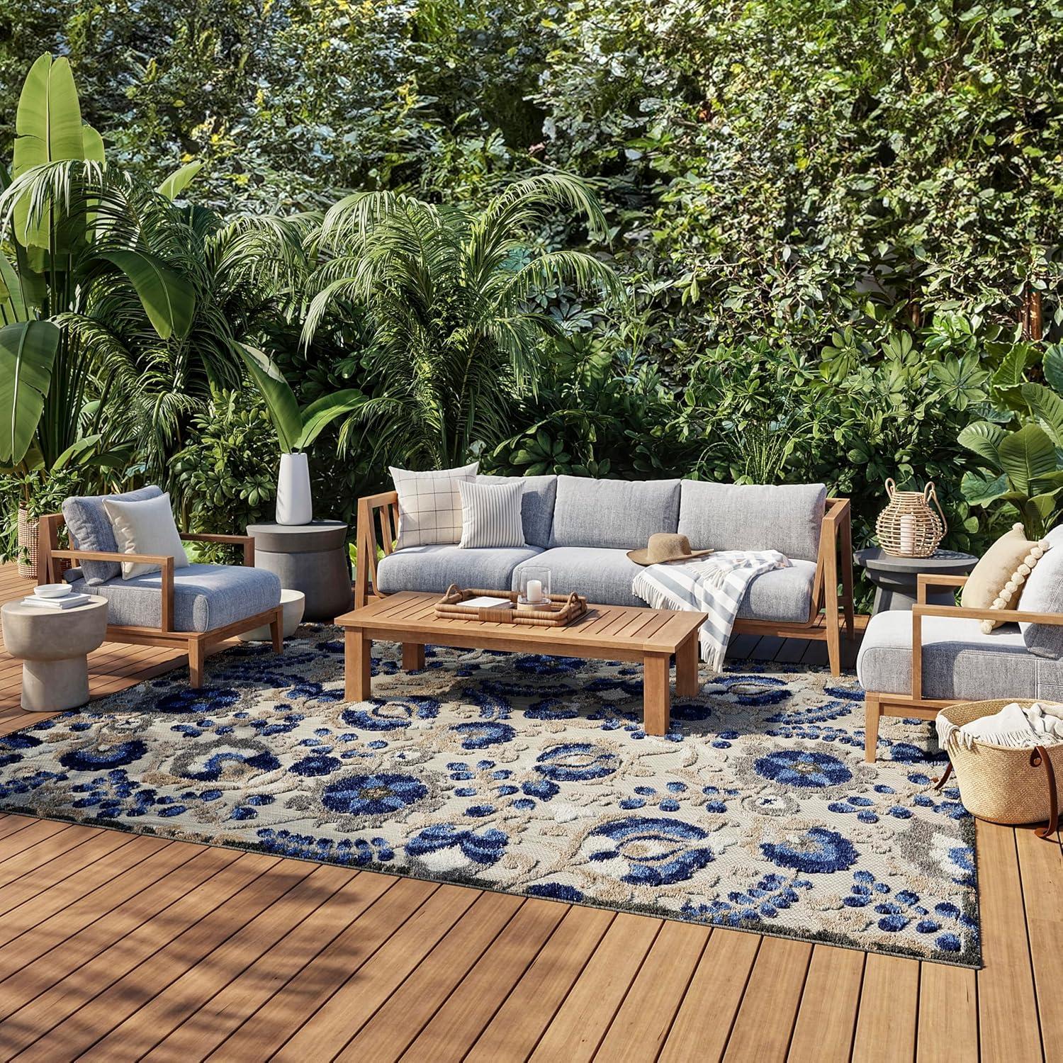 Nourison Aloha Floral Textured Flatweave High-Low Indoor Outdoor Area Rug Natural/Blue 6' x 9'