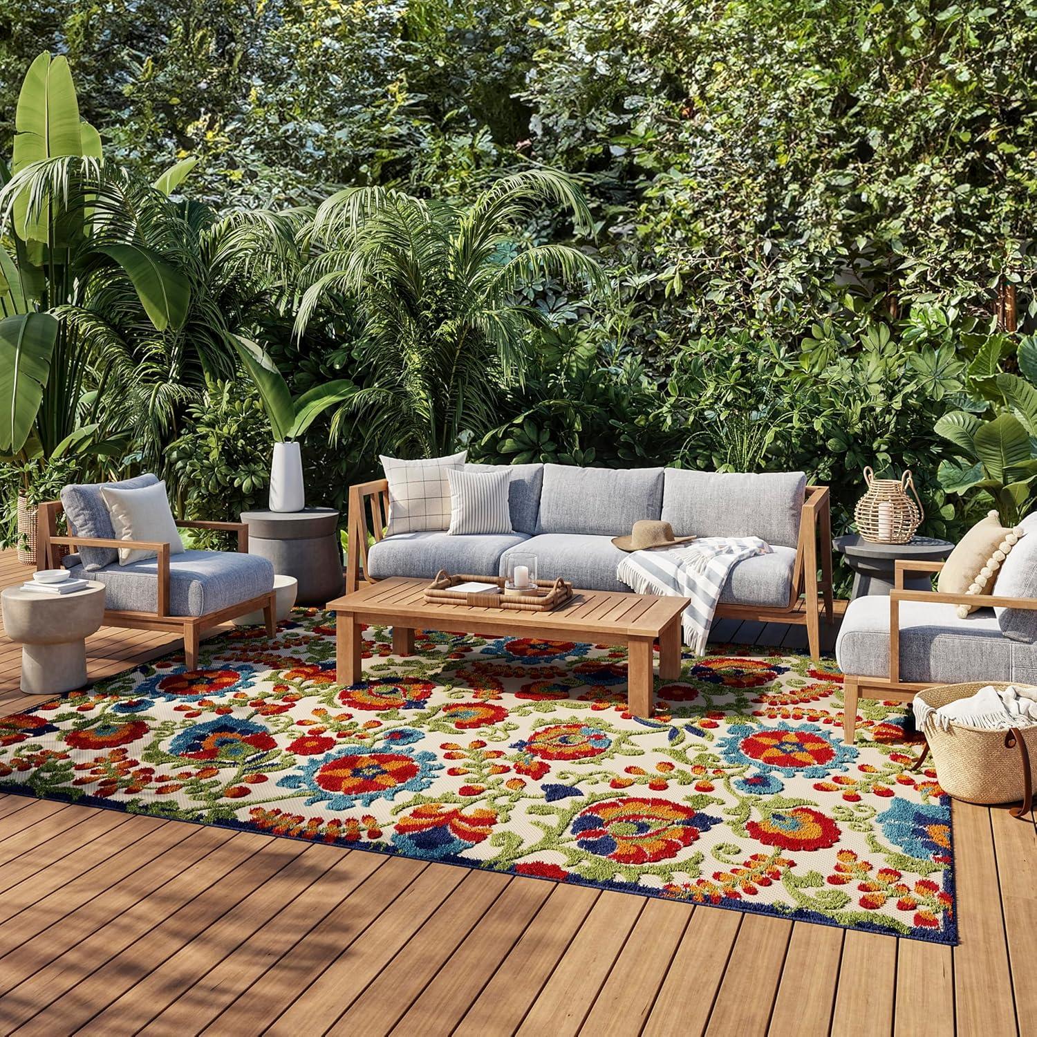 Nourison Aloha Floral Textured Flatweave High-Low Indoor Outdoor Area Rug Multicolor 7'10" x 10'6"