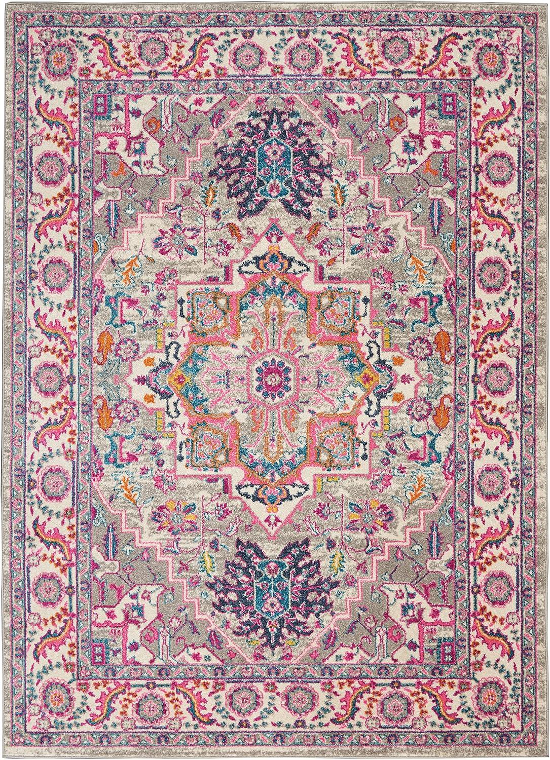 Nourison Passion Colorful Center Medallion Indoor Area Rug Light Grey/Pink 5'3" x 7'3"
