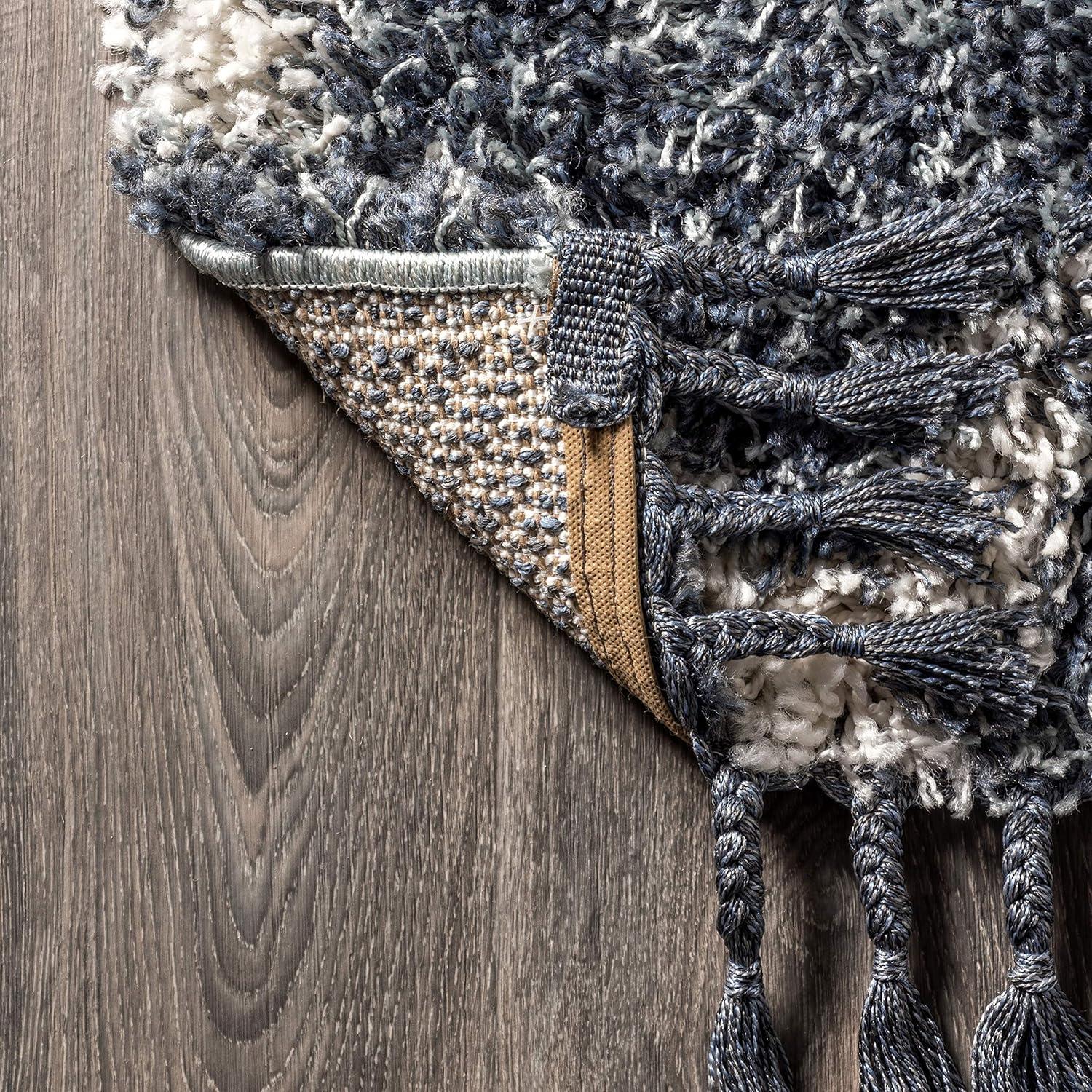 4'x6' Mercer Shag Plush Tassel Moroccan Geometric Trellis Area Rug, Denim/Cream - JONATHAN Y