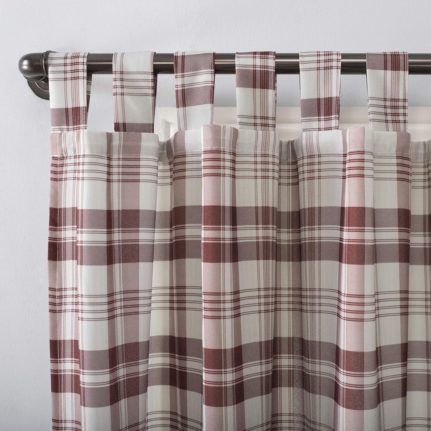 Red Plaid Sheer Tab Top Polyester Curtain Panel 52" x 84"