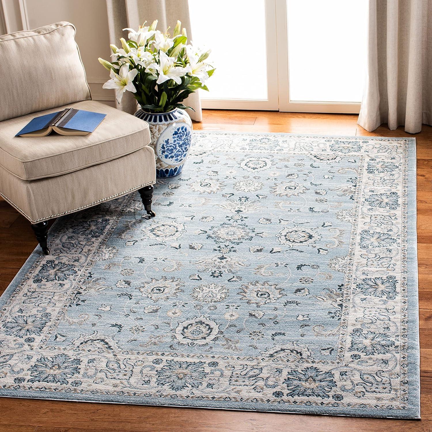 Elegant Light Blue and Cream Rectangular Synthetic Rug, 68x20 in