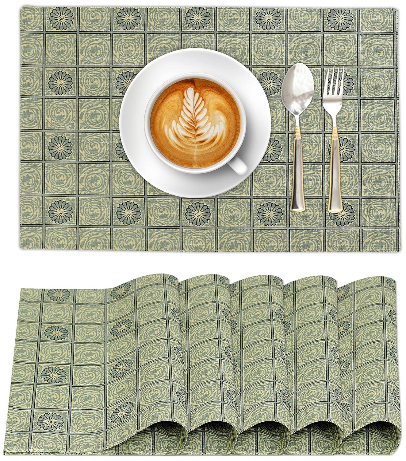 Ruvanti Placemats 100% Cotton 13x19 inch, Dining Table Placemats Set of 6, Modern Place Mats for Dining Table Décor, Kitchen & Table Linens, Coffee Mat for Christmas Dinners – Floral Tiles