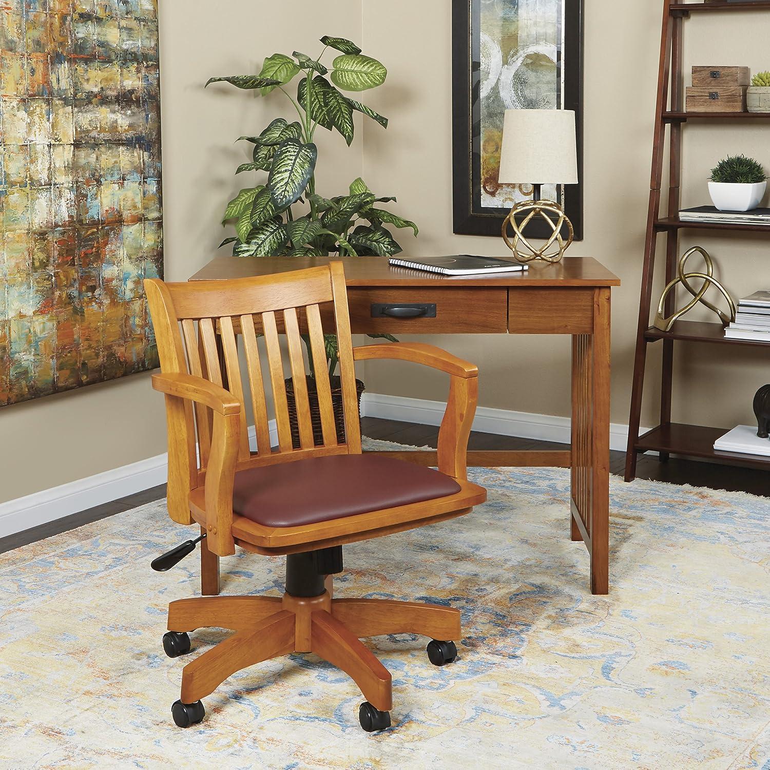 Deluxe Fruitwood Finish Wood Banker's Desk Chair with Brown Vinyl Seat