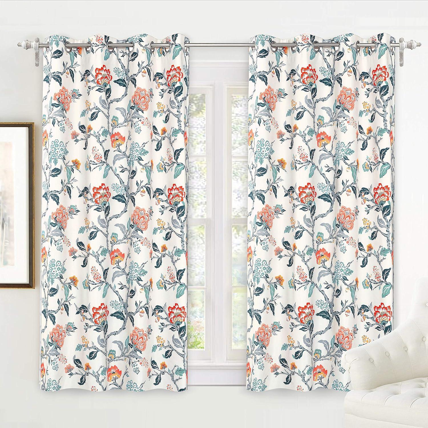 DriftAway Ada Floral Lined Thermal Insulated Room Darkening Blackout Grommet Window Curtains, 2 Panels, 52" x 63", Ivory Orange Teal