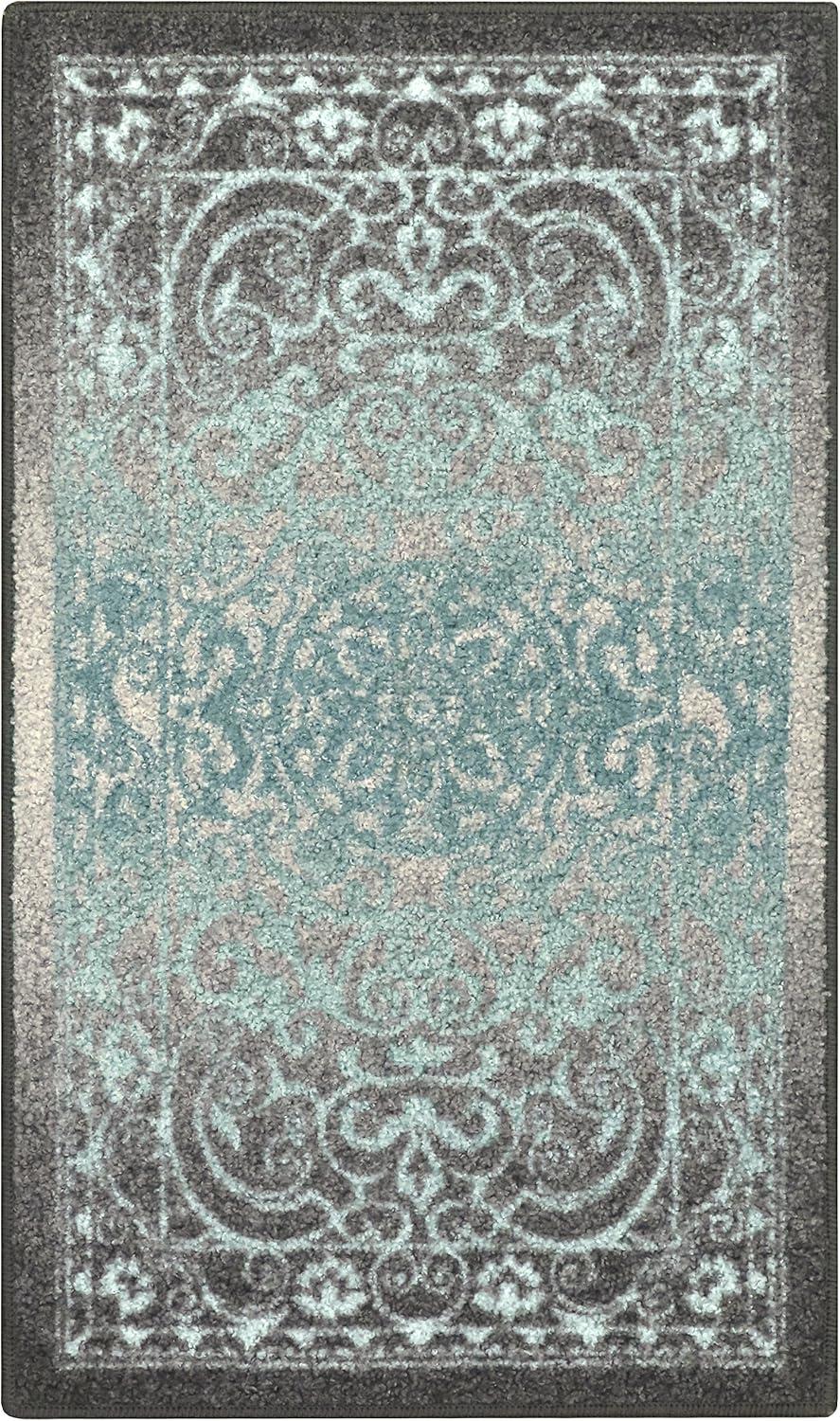 Vintage Scroll Grey Blue Synthetic Washable Accent Rug 20"x17"