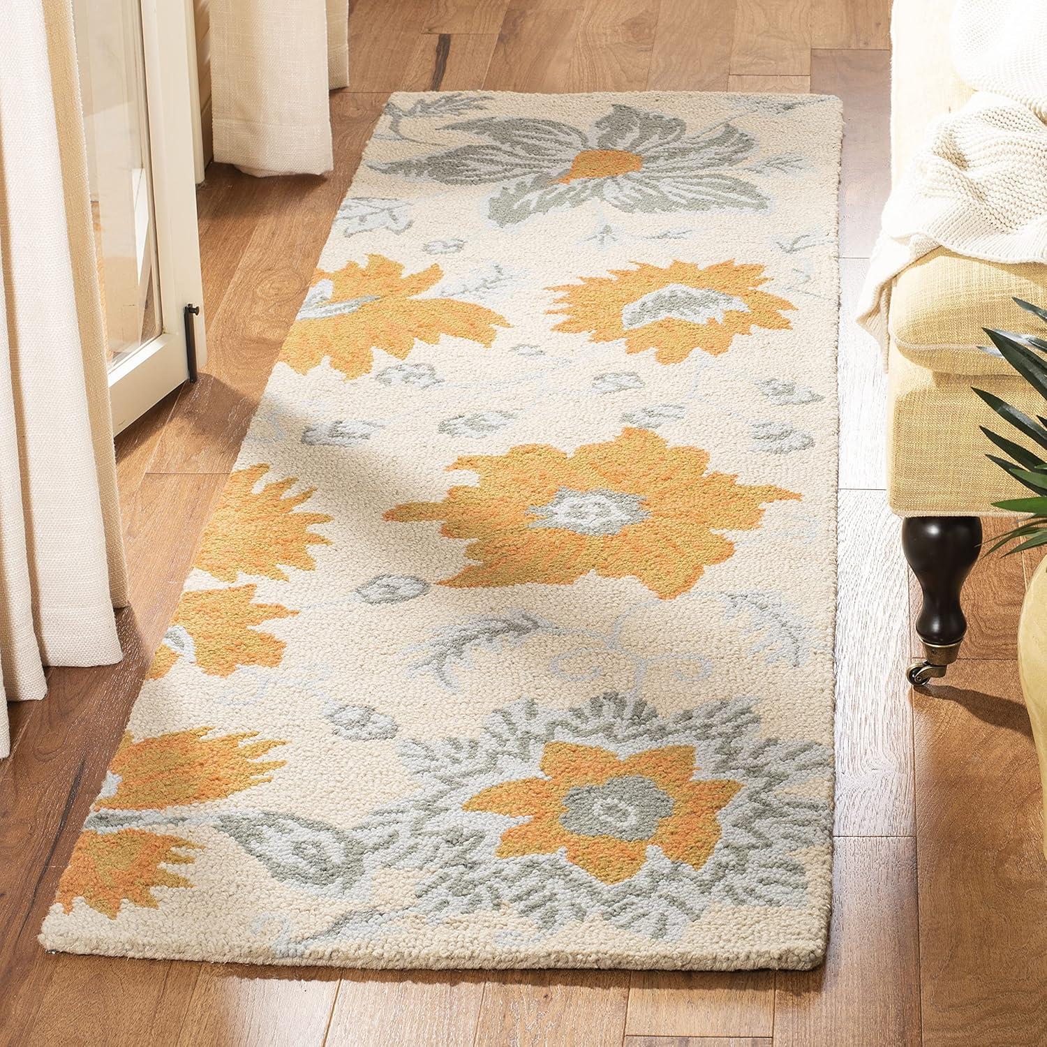 Ivory Floral Handmade Wool Runner Rug, 2'3" x 8'