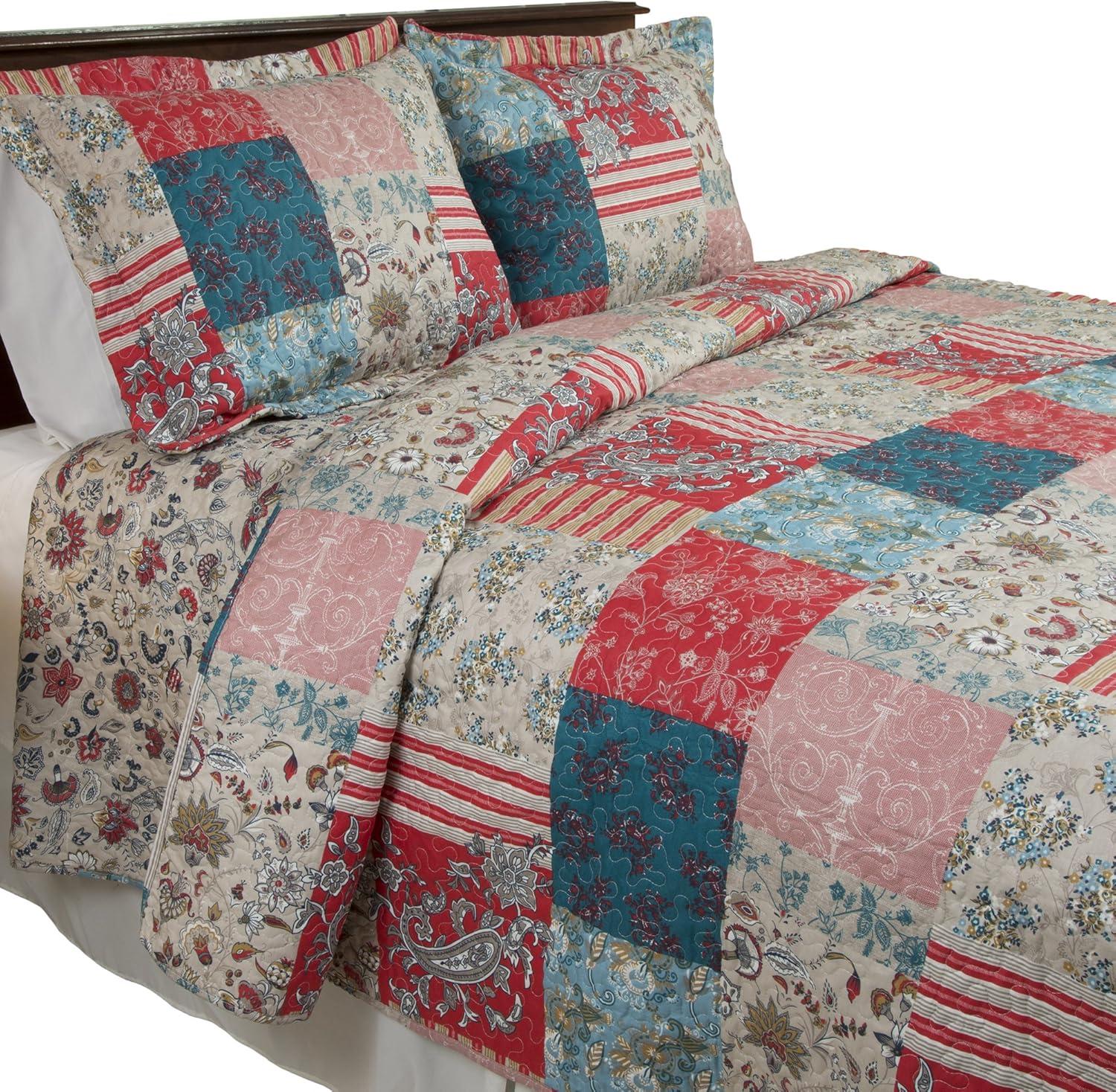 Classic Americana Patchwork Twin Quilt Set in Red and Blue Microfiber