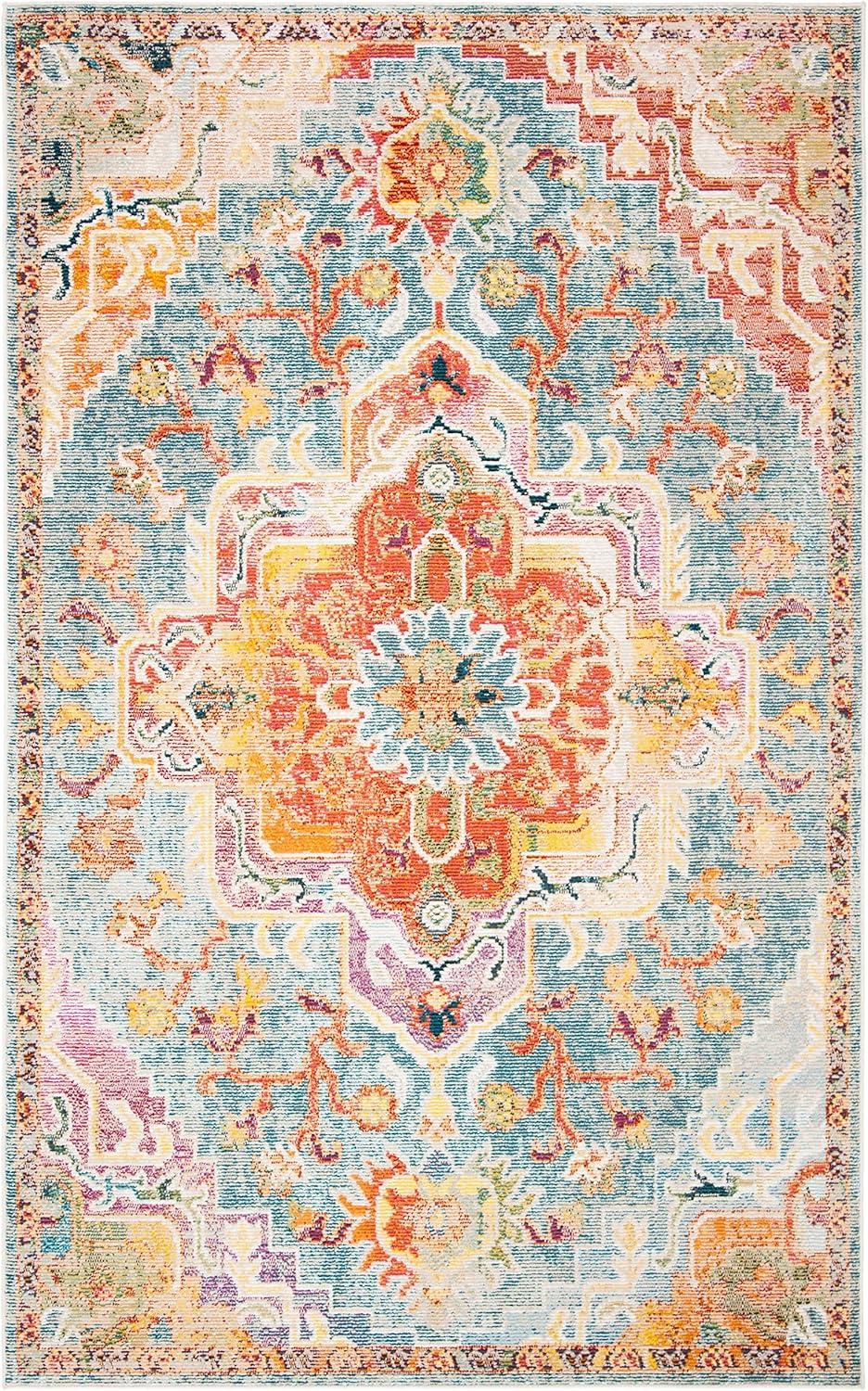 Reversible Orange/Teal Floral Synthetic 5' x 8' Area Rug