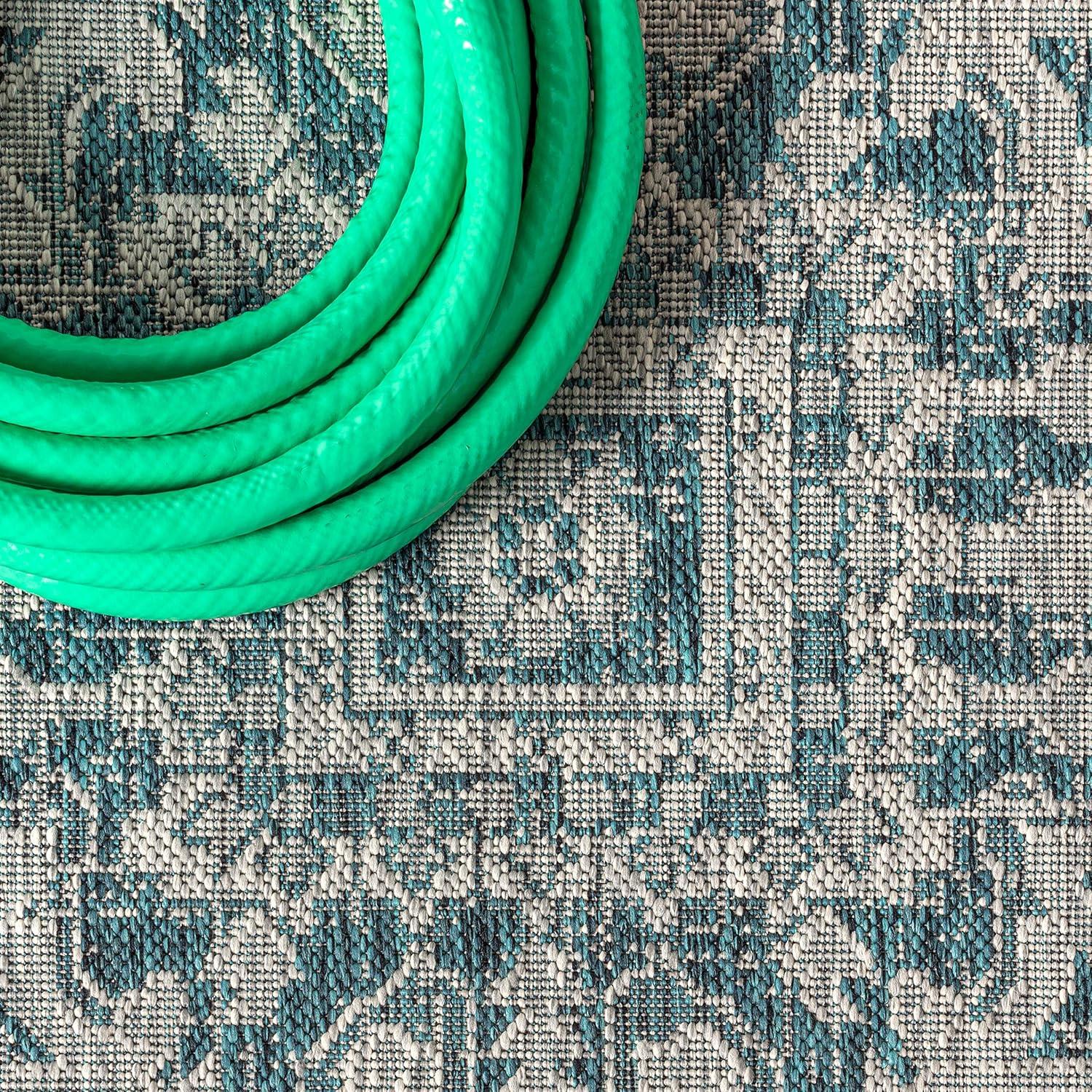 5' Square Estrella Bohemian Medallion Textured Weave Indoor/Outdoor Area Rug, Teal/Gray - JONATHAN Y