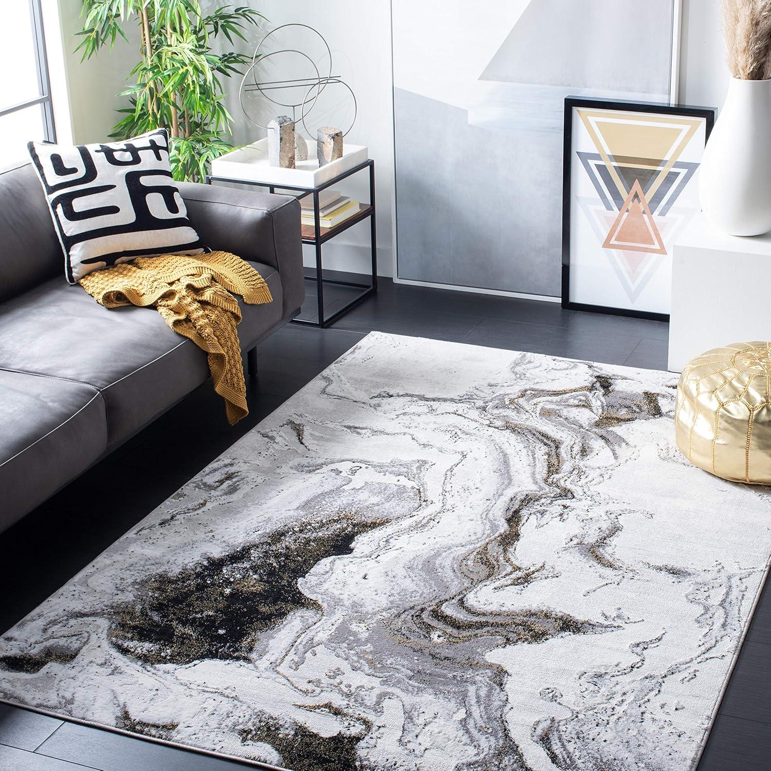 Amelia 3' x 5' Grey and Gold Abstract Synthetic Rug