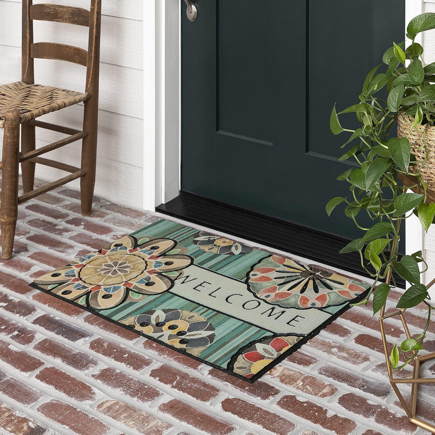 Blue Floral Medallion Recycled Rubber Welcome Doormat