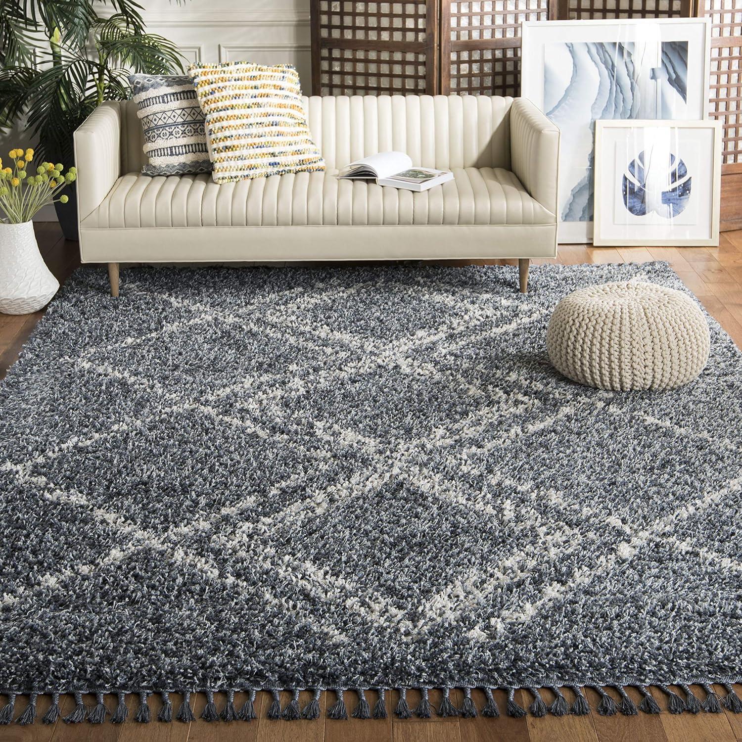 Boho-Chic Blue Geometric Shag Area Rug 5' x 8'