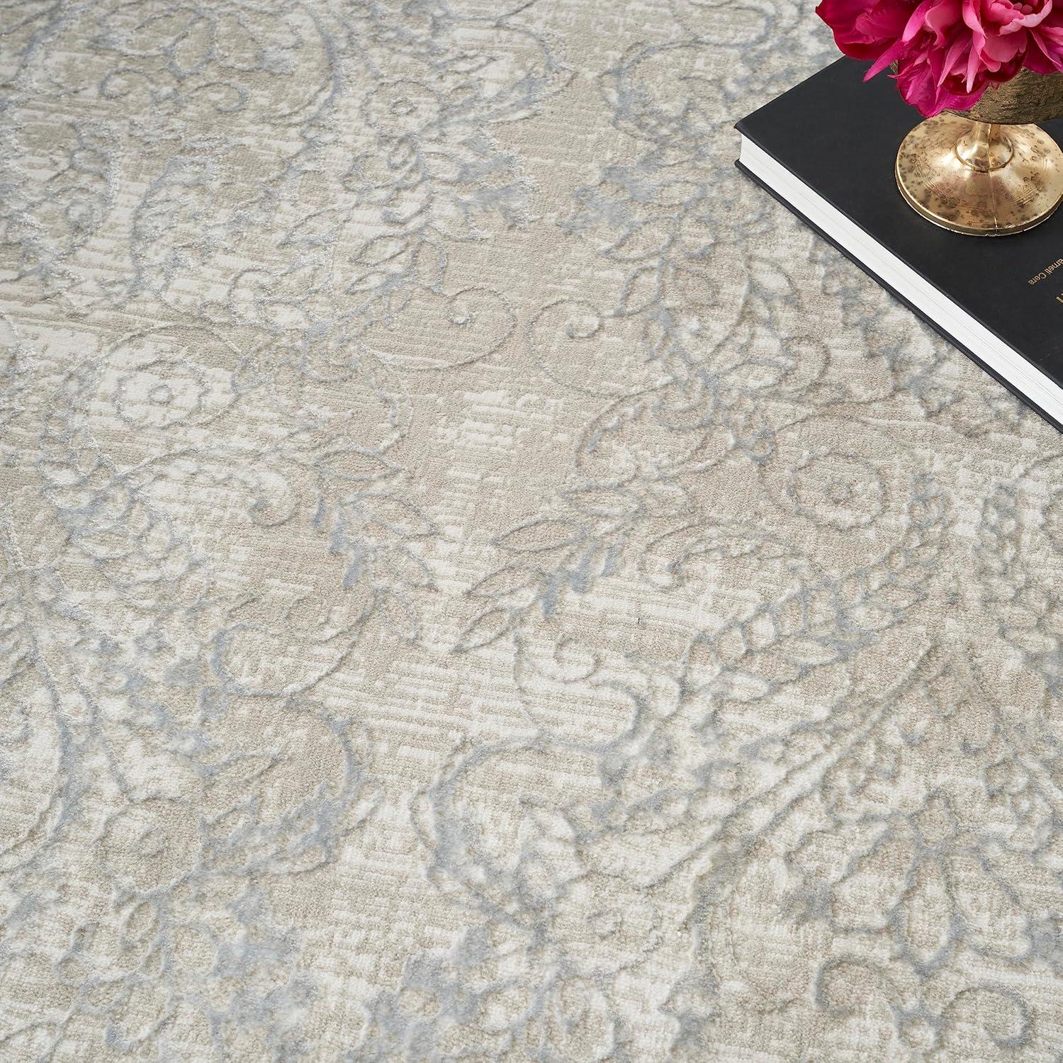 Iliana Damask Machine Woven Polyester Area Rug in Beige