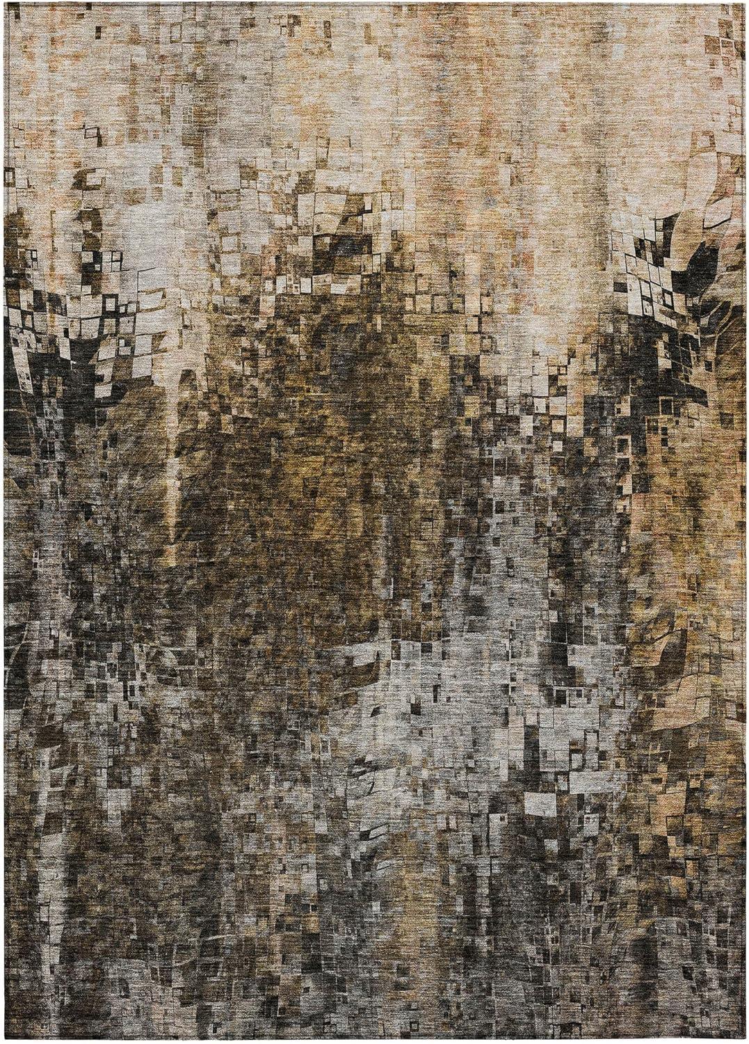 Brown and Gray Rectangular Synthetic Washable Area Rug