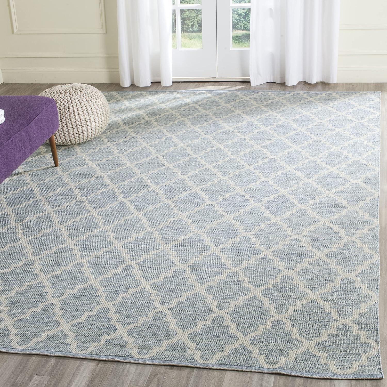 Casual Coastal Light Blue & Ivory Handwoven 9'x12' Wool-Cotton Rug