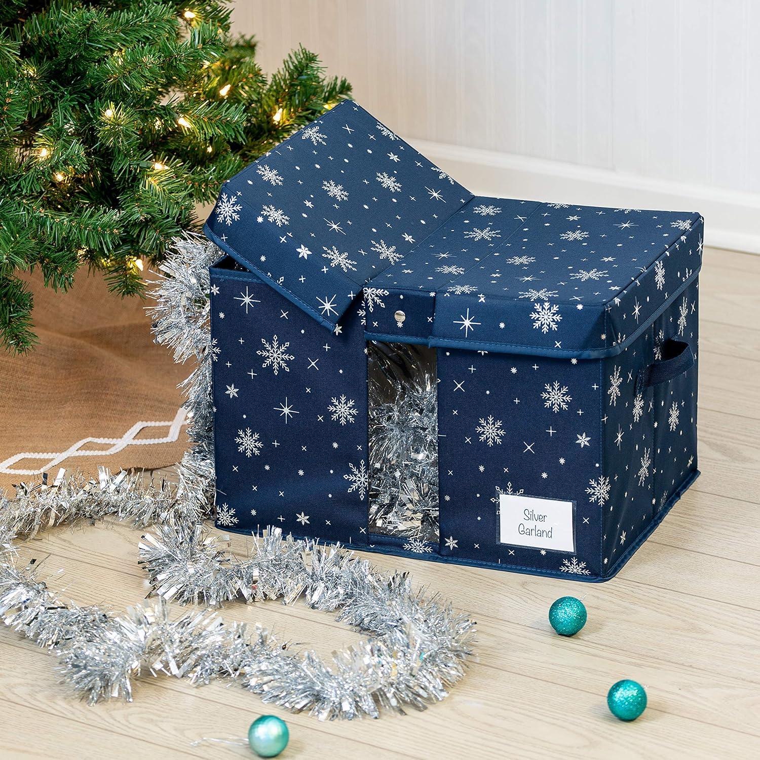 Honey-Can-Do Deluxe Polyester Holiday Décor Storage Box, Navy Snowflake