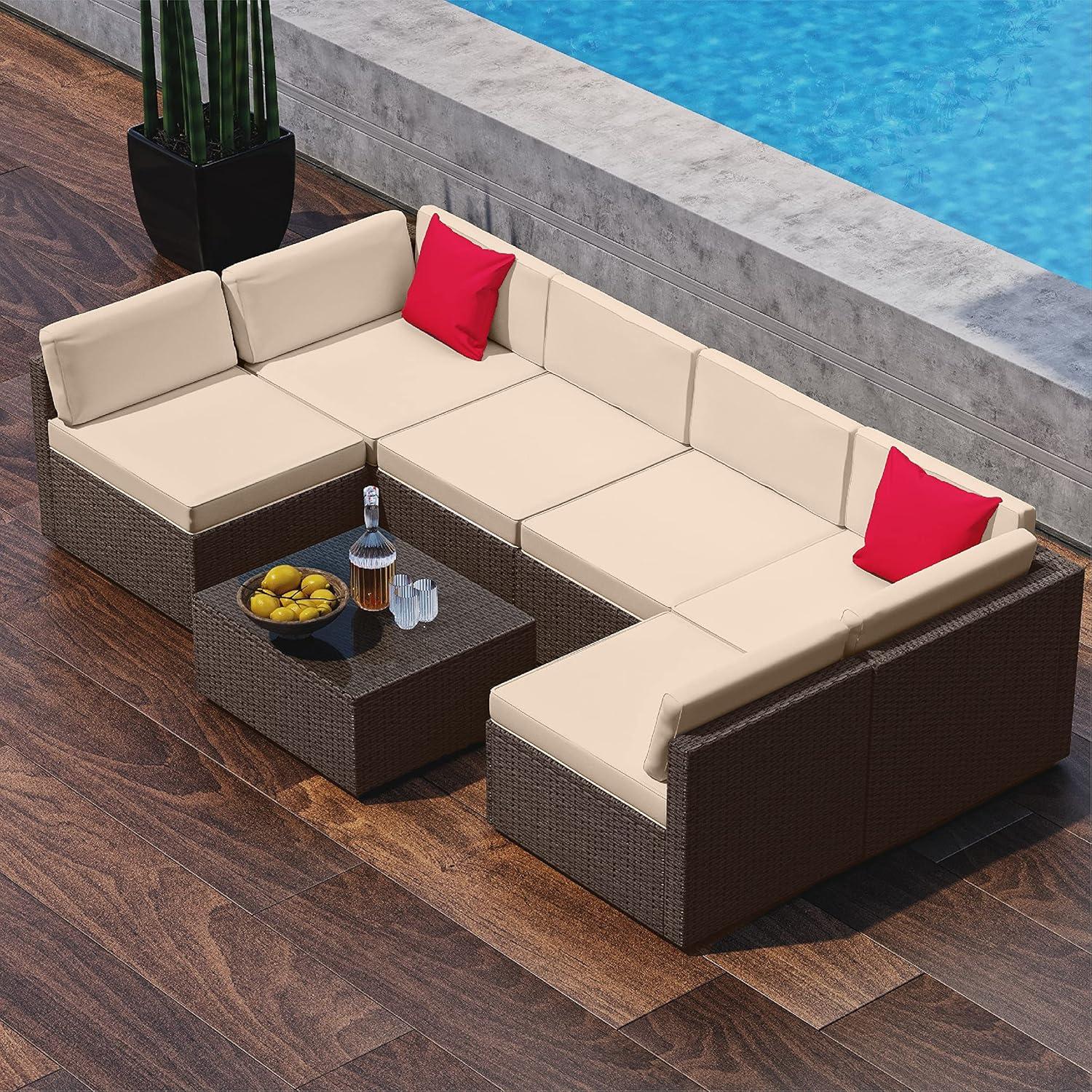 Brown Wicker 6-Person Outdoor Sectional with Beige Cushions