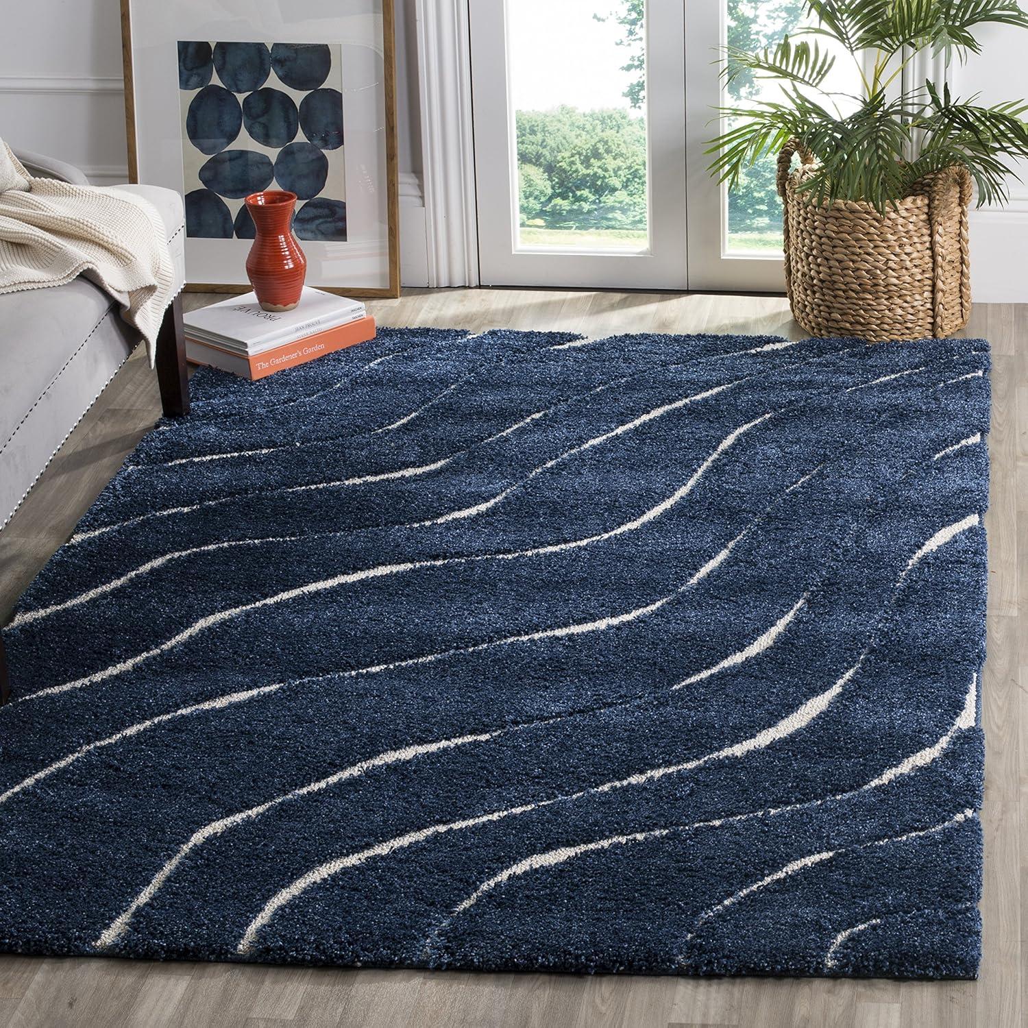 Florida Shag SG472 Power Loomed Indoor Area Rug - Dark Blue/Cream - 6'x9' - Safavieh