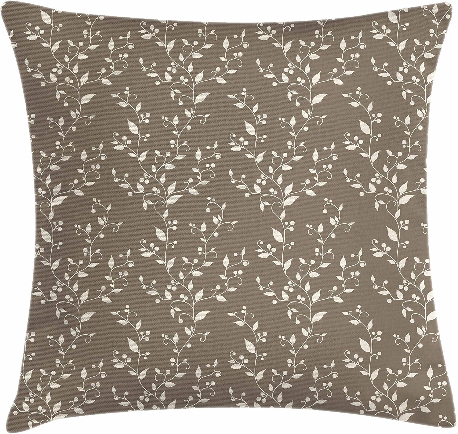 Taupe and Cream Polyester Floral Decorative Throw Pillow