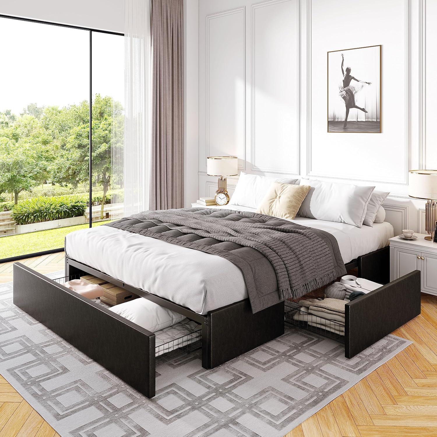 Modern Black Faux Leather Queen Bed Frame with Storage Drawers