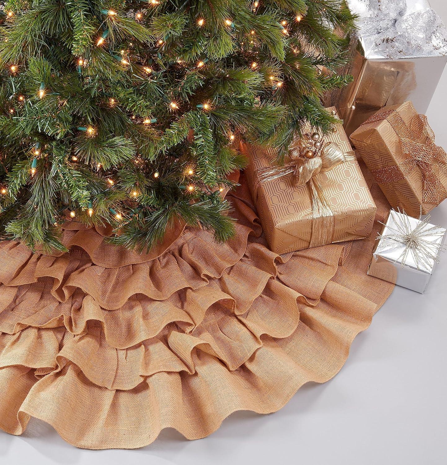 Natural Jute Ruffled Christmas Tree Skirt with Button Closure, 84"