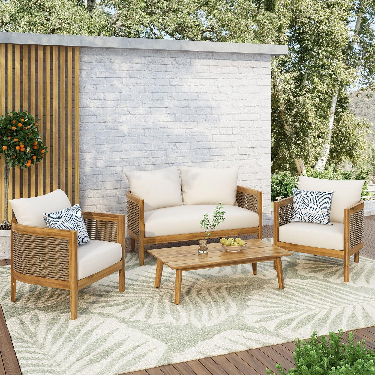 Burchett Acacia Wood and Wicker Outdoor 4-Seater Chat Set with Beige Cushions