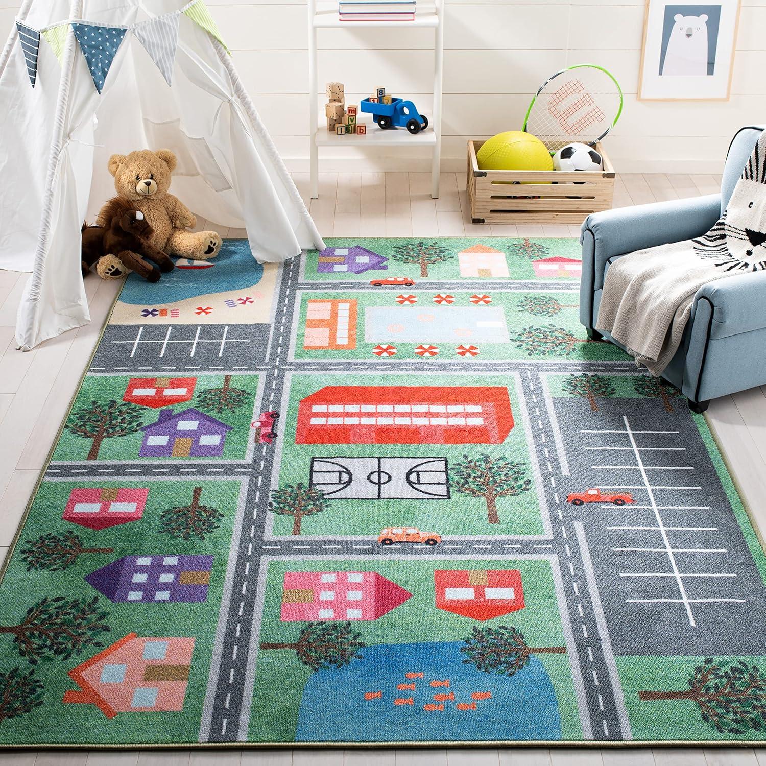 SAFAVIEH Kids Playhouse Beach Neighborhood Machine Washable Area Rug, Green/Charcoal, 3'3" x 5'3"