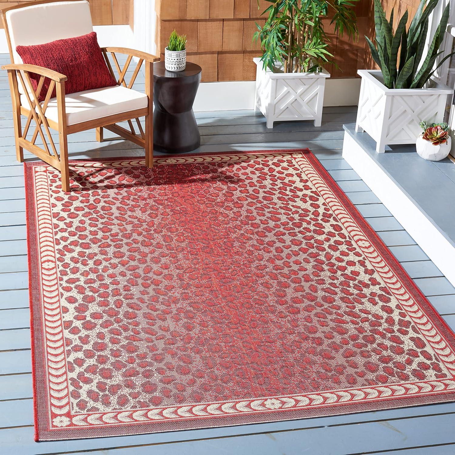 Red and Beige Rectangular Synthetic Indoor/Outdoor Rug