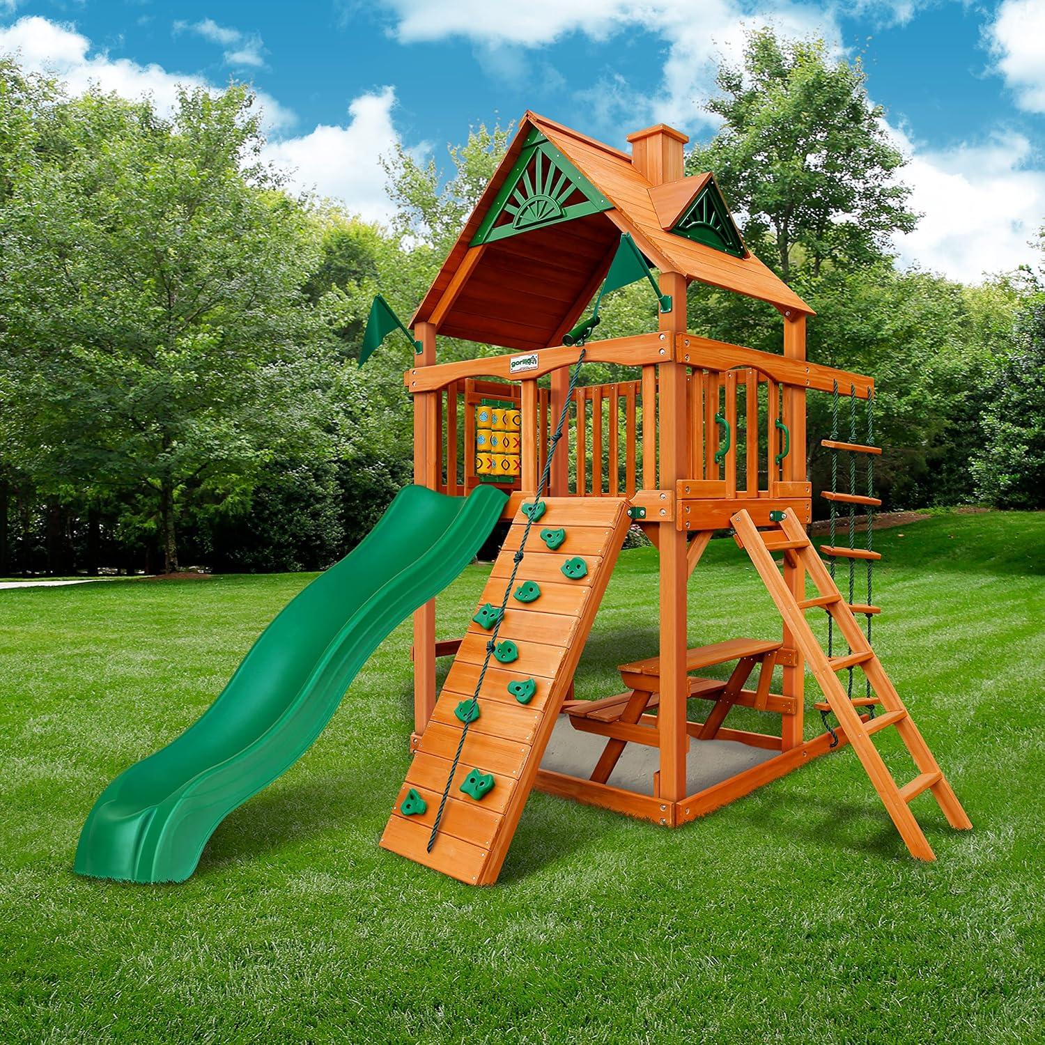 Gorilla Playsets Chateau Tower Wooden Playset with Rock Climbing Wall, Rope Ladder, and Accessories