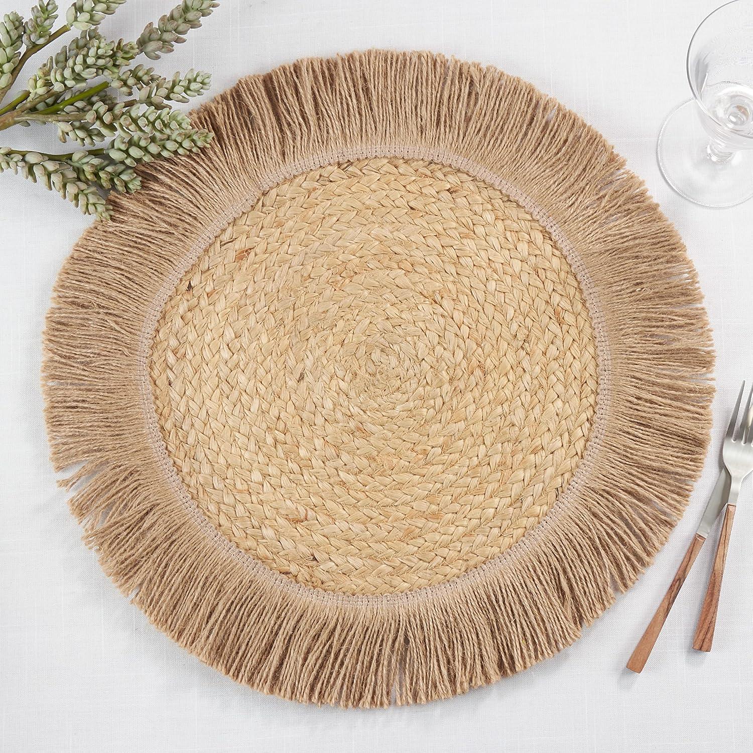 Set of 4 Rectangular Jute Fringe Placemats, 13" x 13", Natural