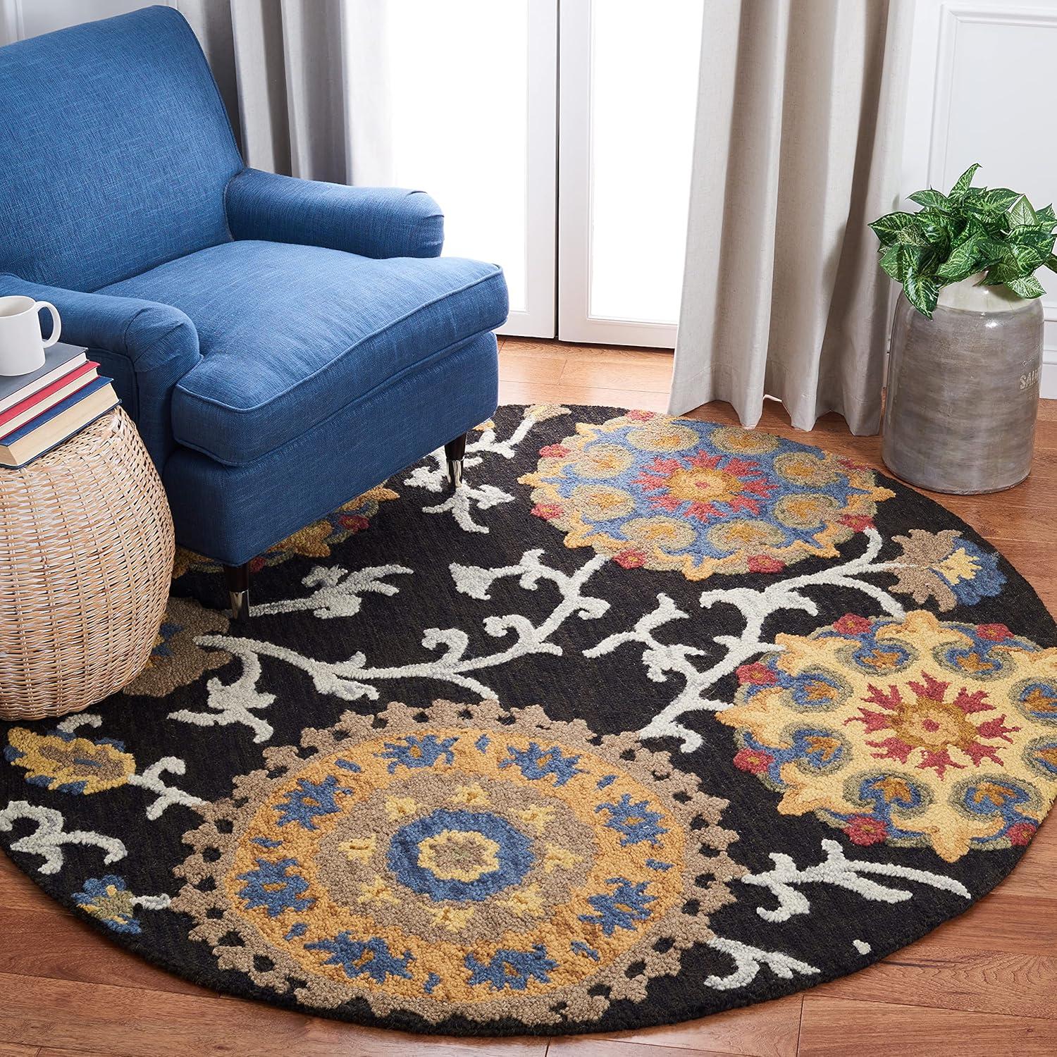 Blossom BLM401 Hand Tufted Area Rug - Charcoal/Multi - 4' round - Safavieh.