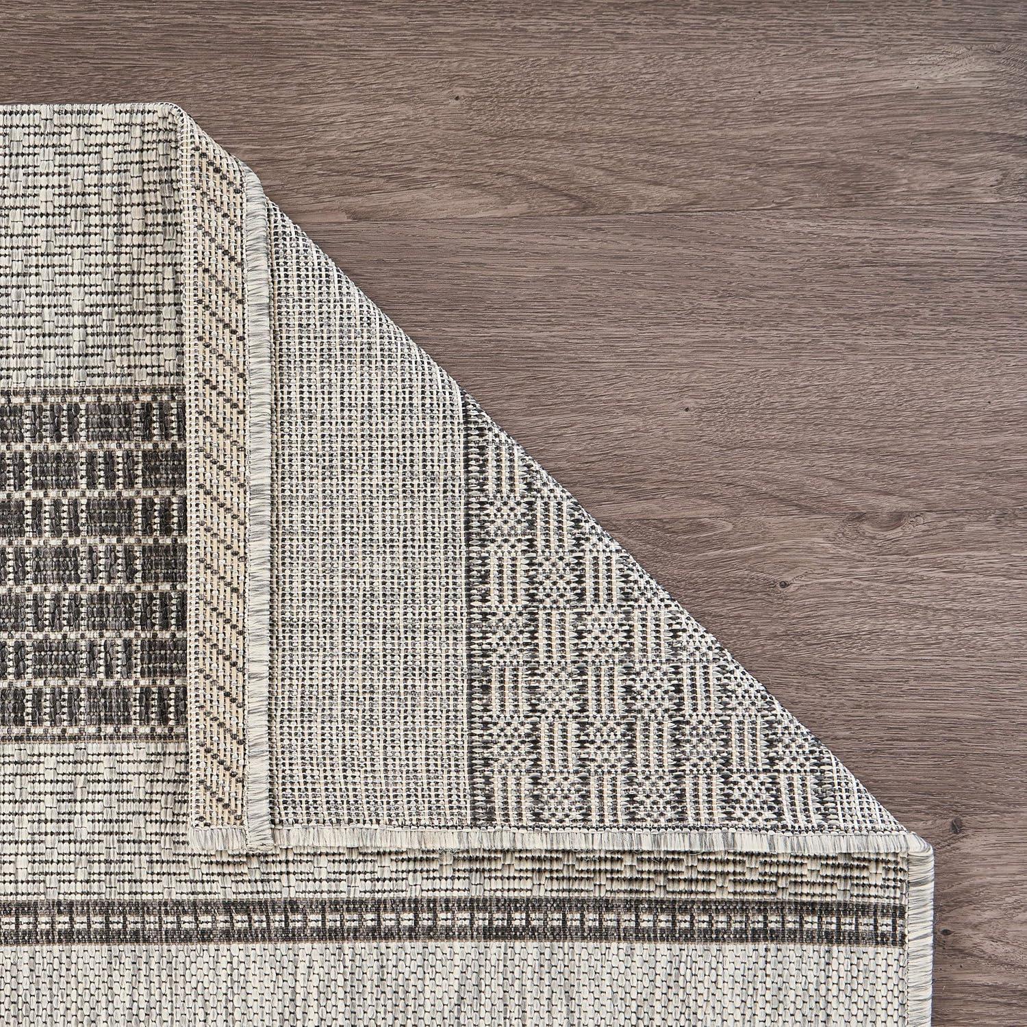 Grey and Black Stripe Synthetic Rectangular Rug