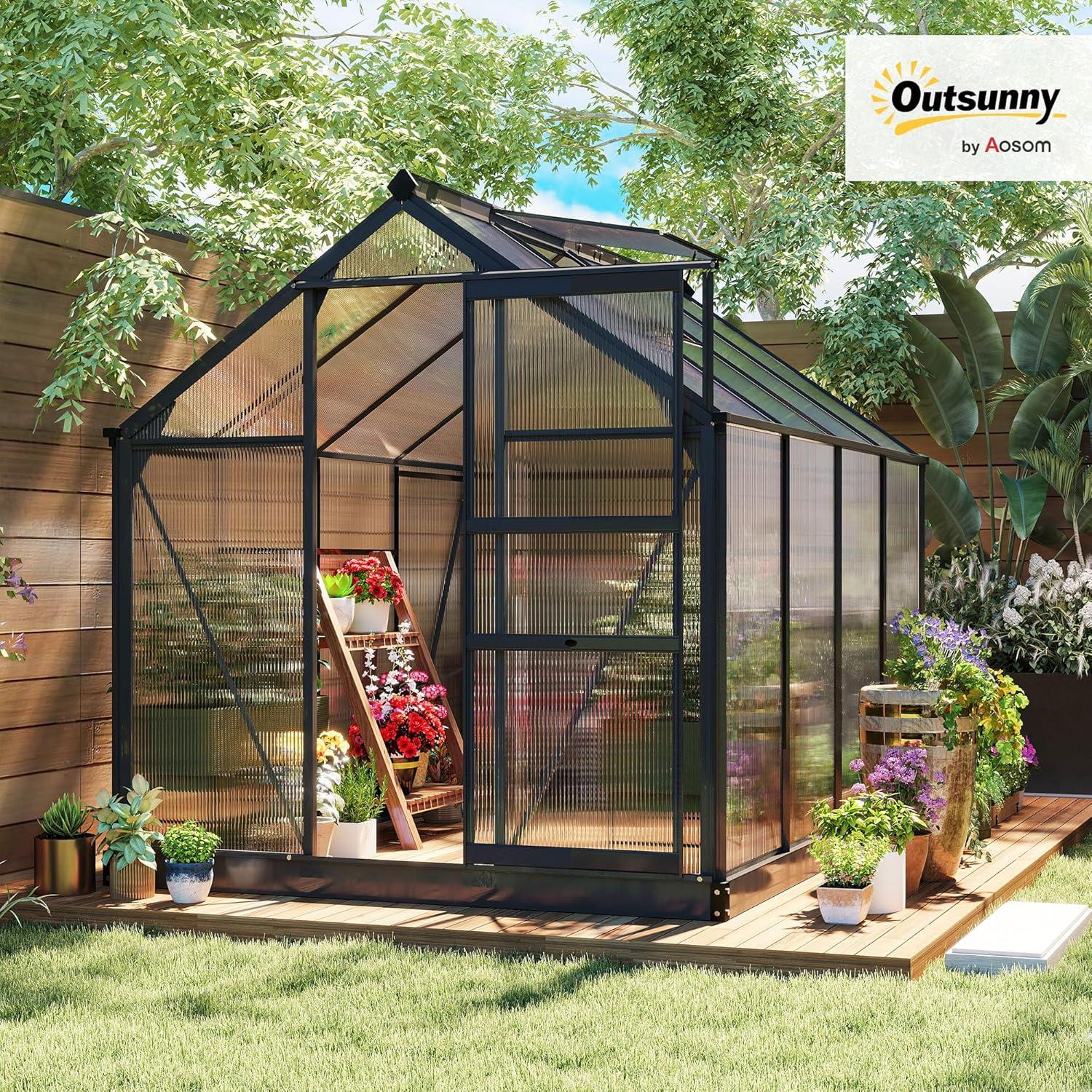 Outsunny 6' x 8' Greenhouse for Outdoors, Polycarbonate Greenhouse with Rain Gutter and Roof Vent, Aluminum Walk-in Green Houses for Outside for Patio Backyard Garden, Gray