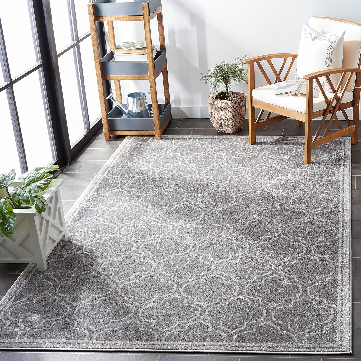 Grey and Light Grey Square Synthetic Area Rug