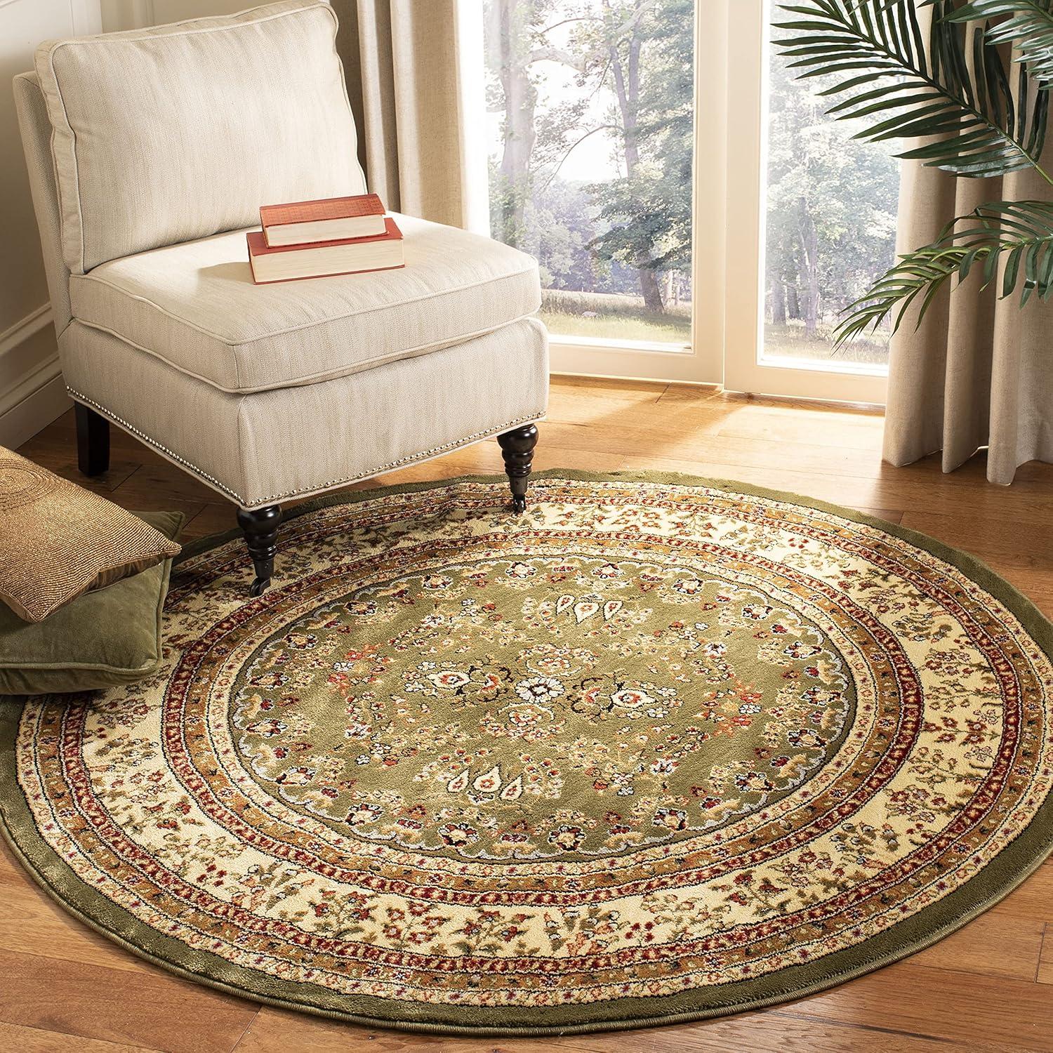 Lyndhurst Sarouk LNH331 Power Loomed Area Rug - Sage/Ivory - 5'3" Round - Safavieh