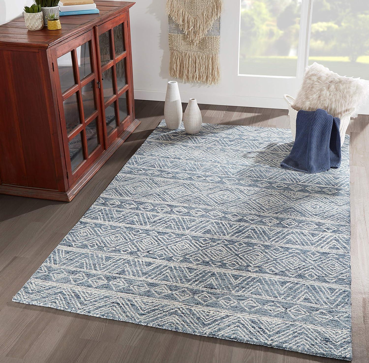 3'6"x5'6" Mallorca Evalyn Area Rug Denim - Momeni: Wool, Geometric, Bohemian, Handmade, Low Pile, Indoor Use