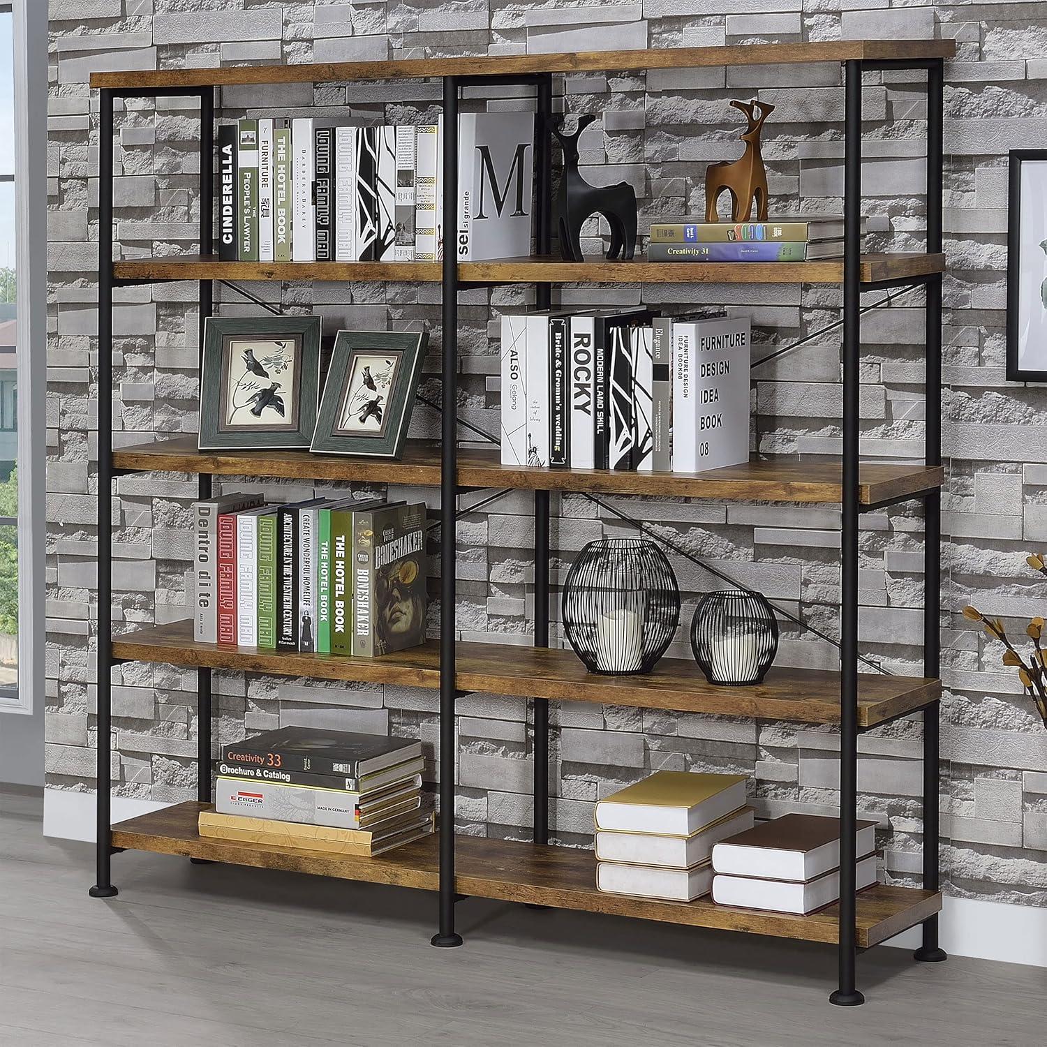 Contemporary 60'' Black and Antique Nutmeg Double Wide Bookcase