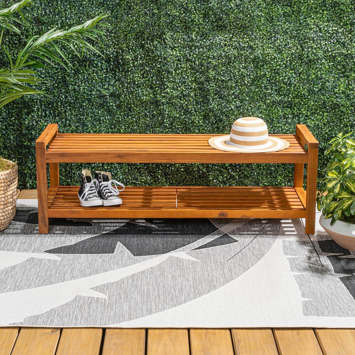 Blane 3-Seat Mid-Century Modern Acacia Wood Slat Outdoor Garden Patio Bench, Teak - JONATHAN Y