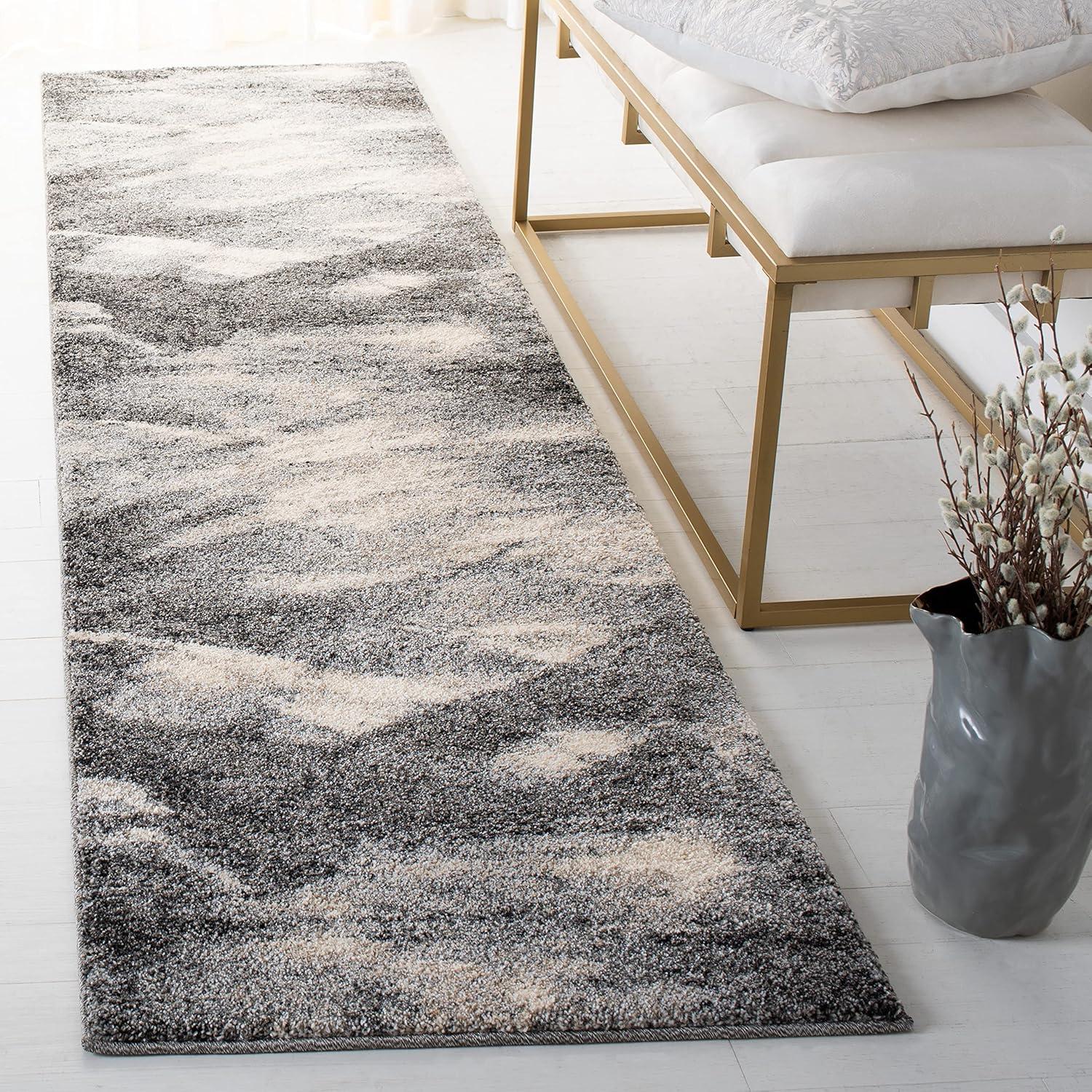 Abstract Grey Ivory Shag 2'3" x 11' Runner Synthetic Rug