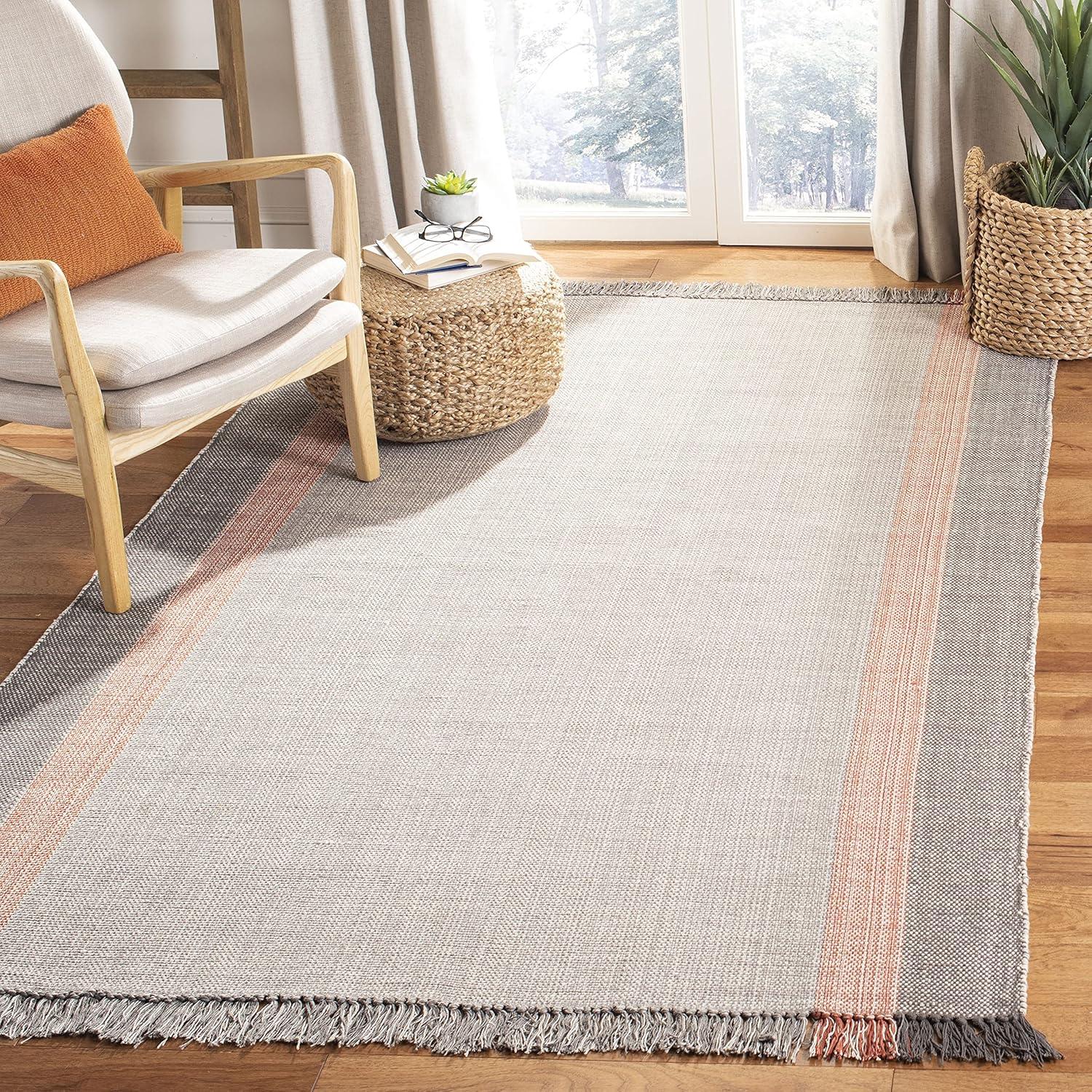 Terracotta & Grey Hand-Woven Cotton Boho Farmhouse Rug - 3' x 5'