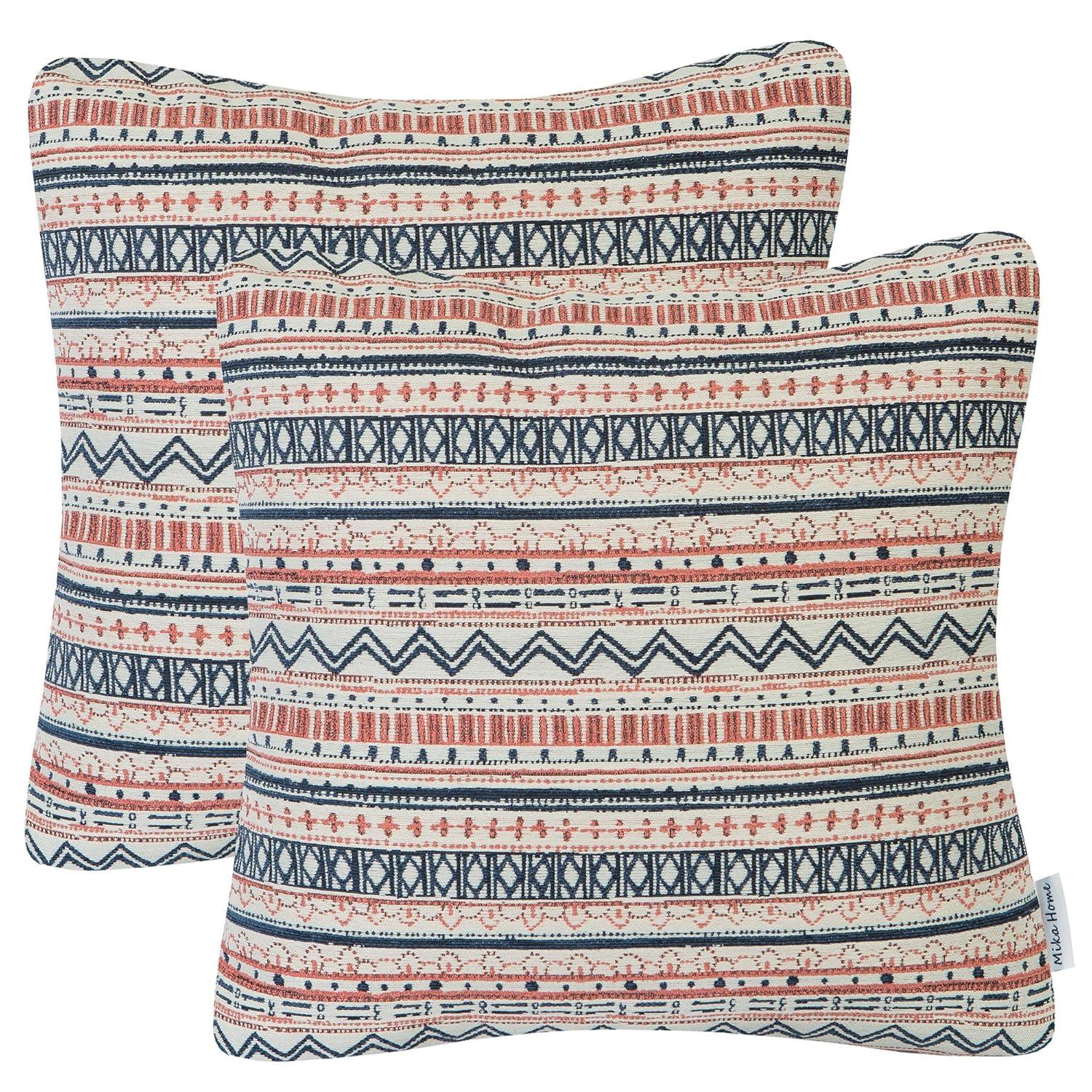 Pack of 2 Throw Pillow Covers Decorative Pillow Cases for Sofa Couch Bed, Bohemian Striped Geometric Pattern, 20x20 Inches, Navy Pink Cream