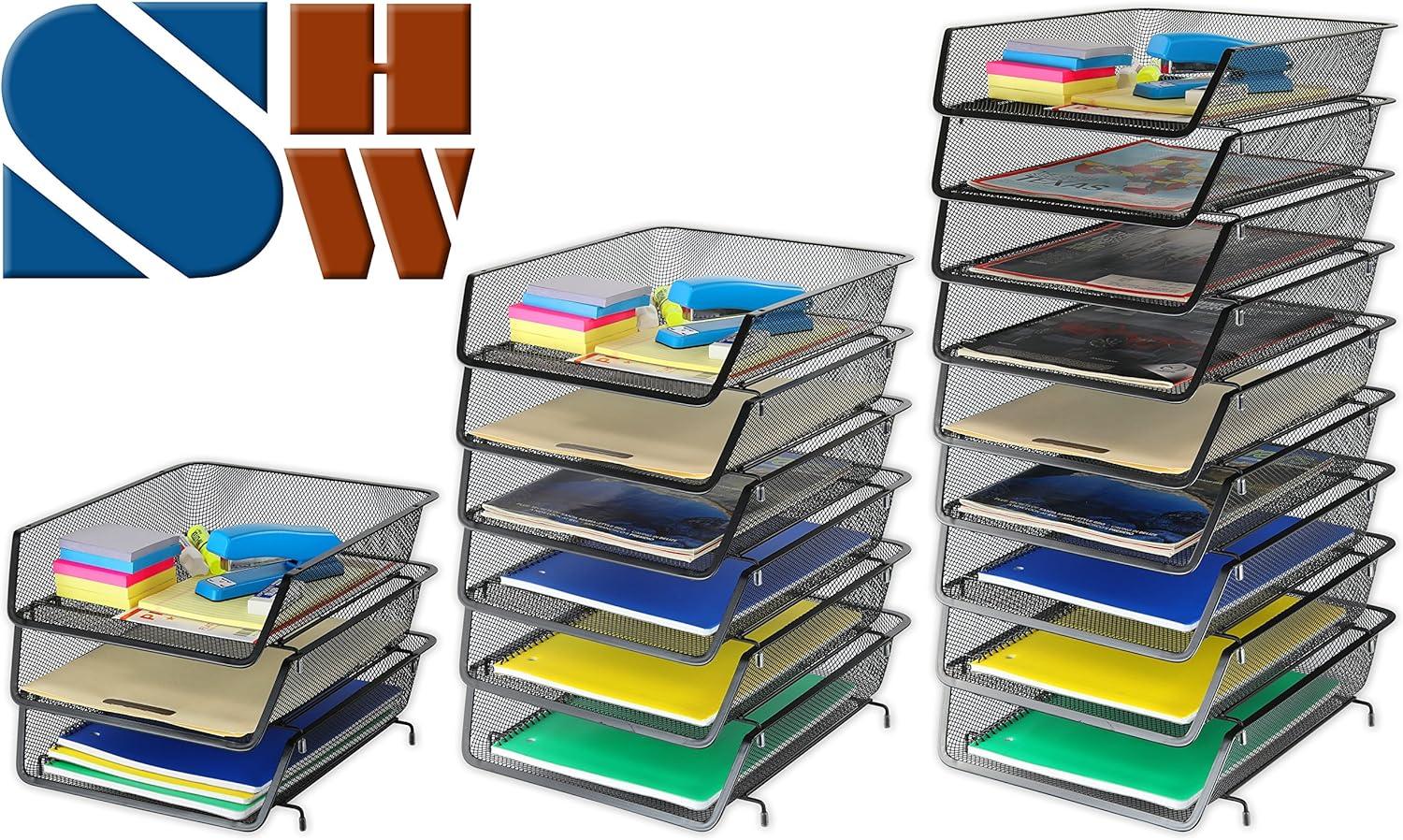 Black Steel Mesh Stackable Desk File Organizer, 3 Pack